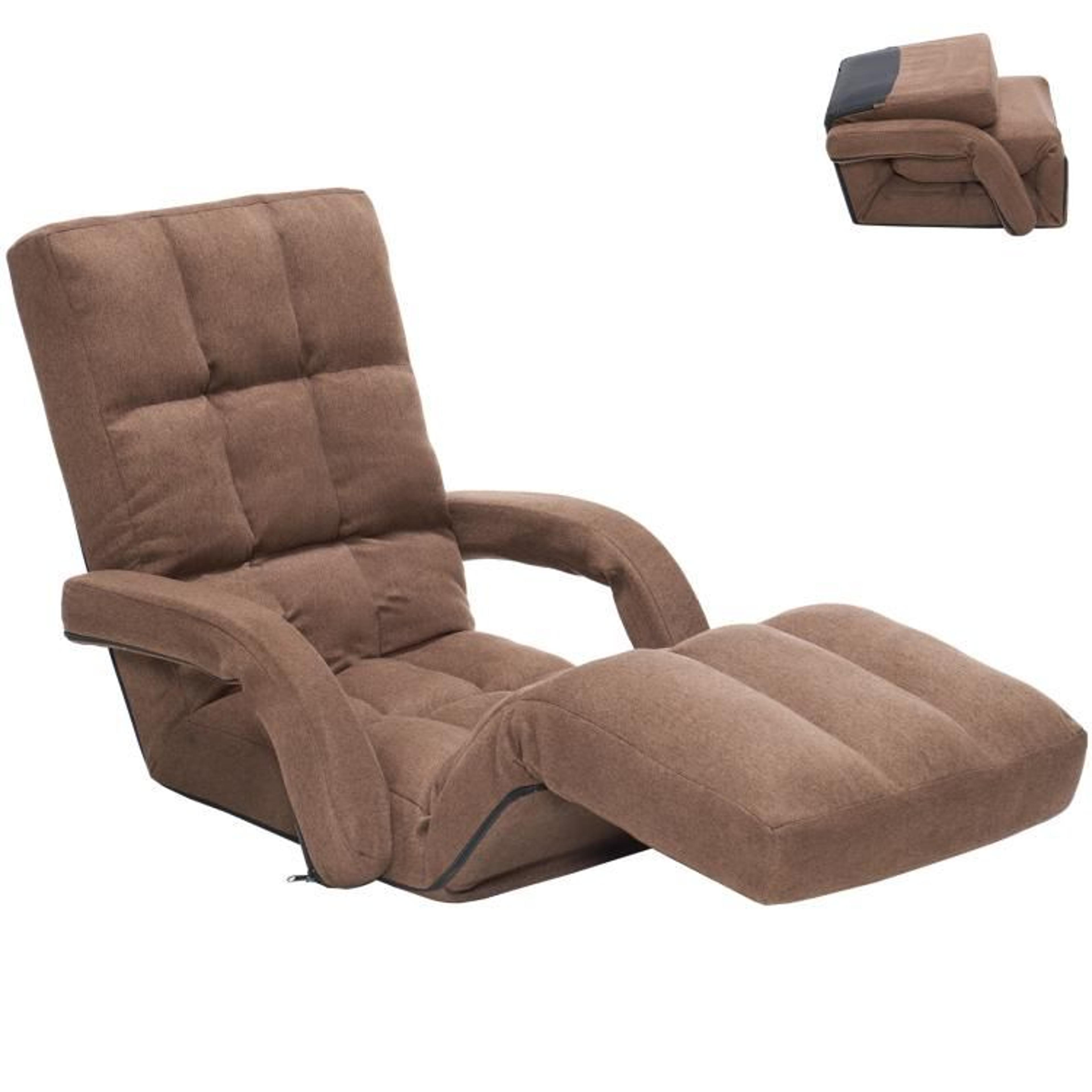 adjustable floor gaming chair with footrest and armrests in brown