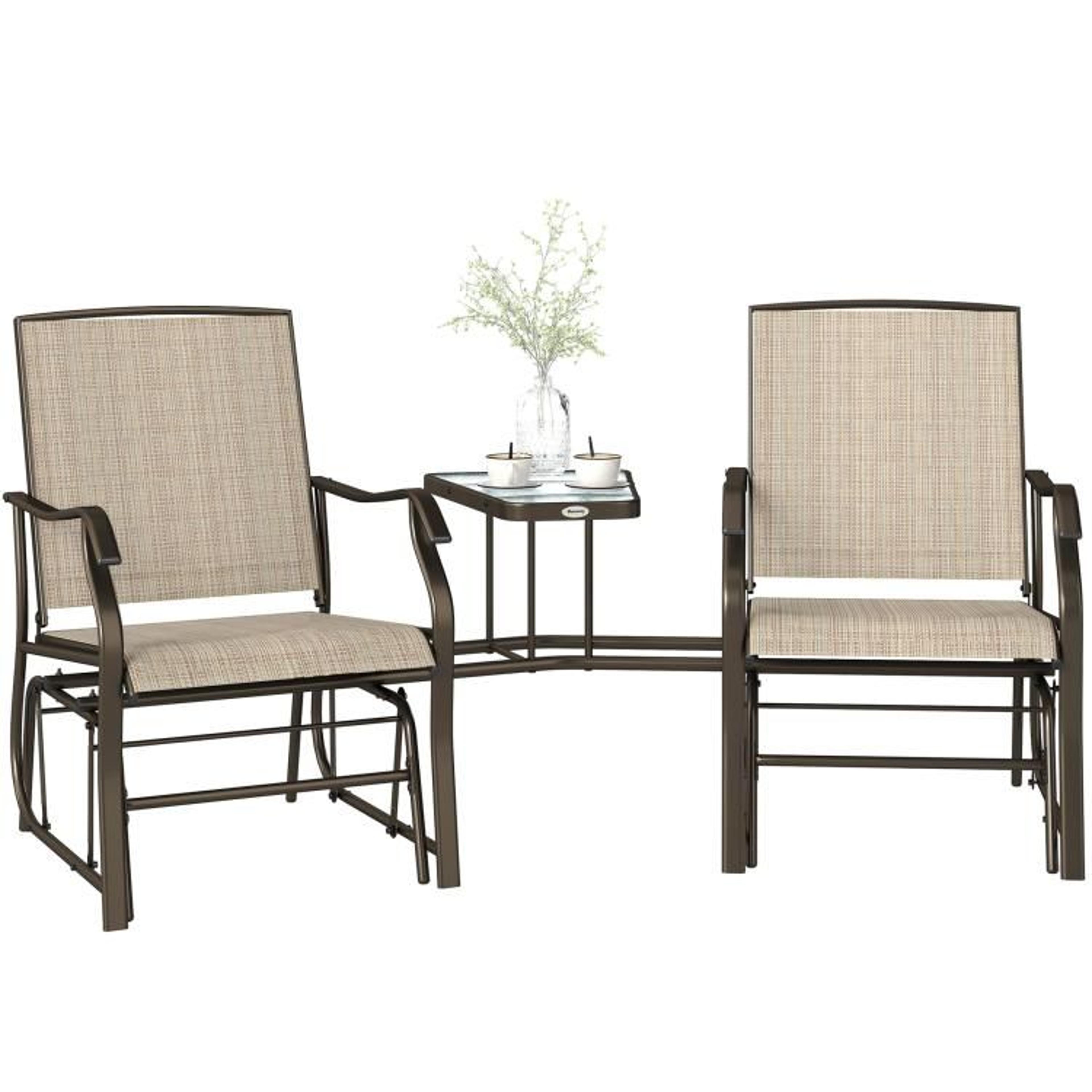 outdoor double glider chair with center table and breathable sling seats light brown