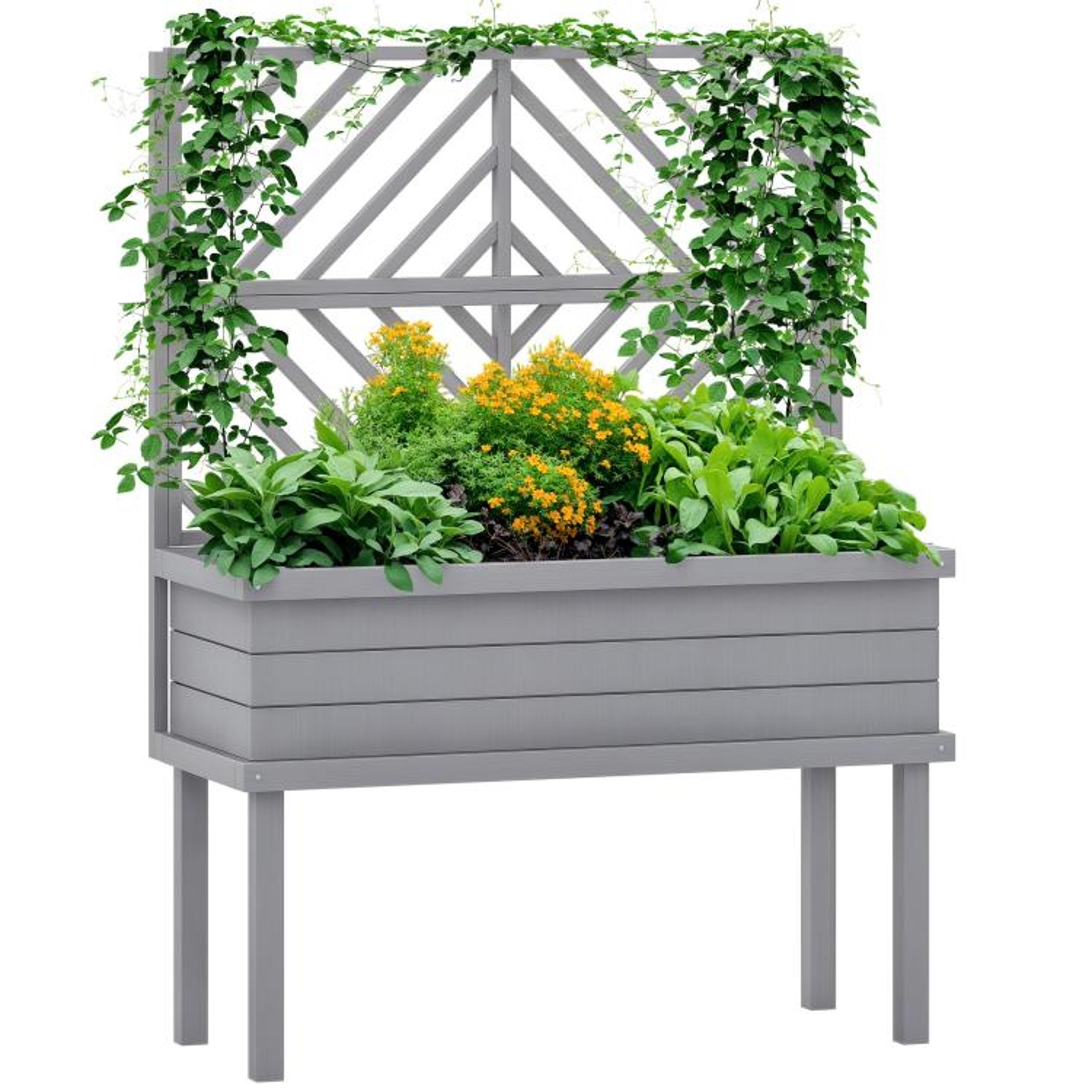 elevated wood planter box with trellis and drainage holes for climbing plants