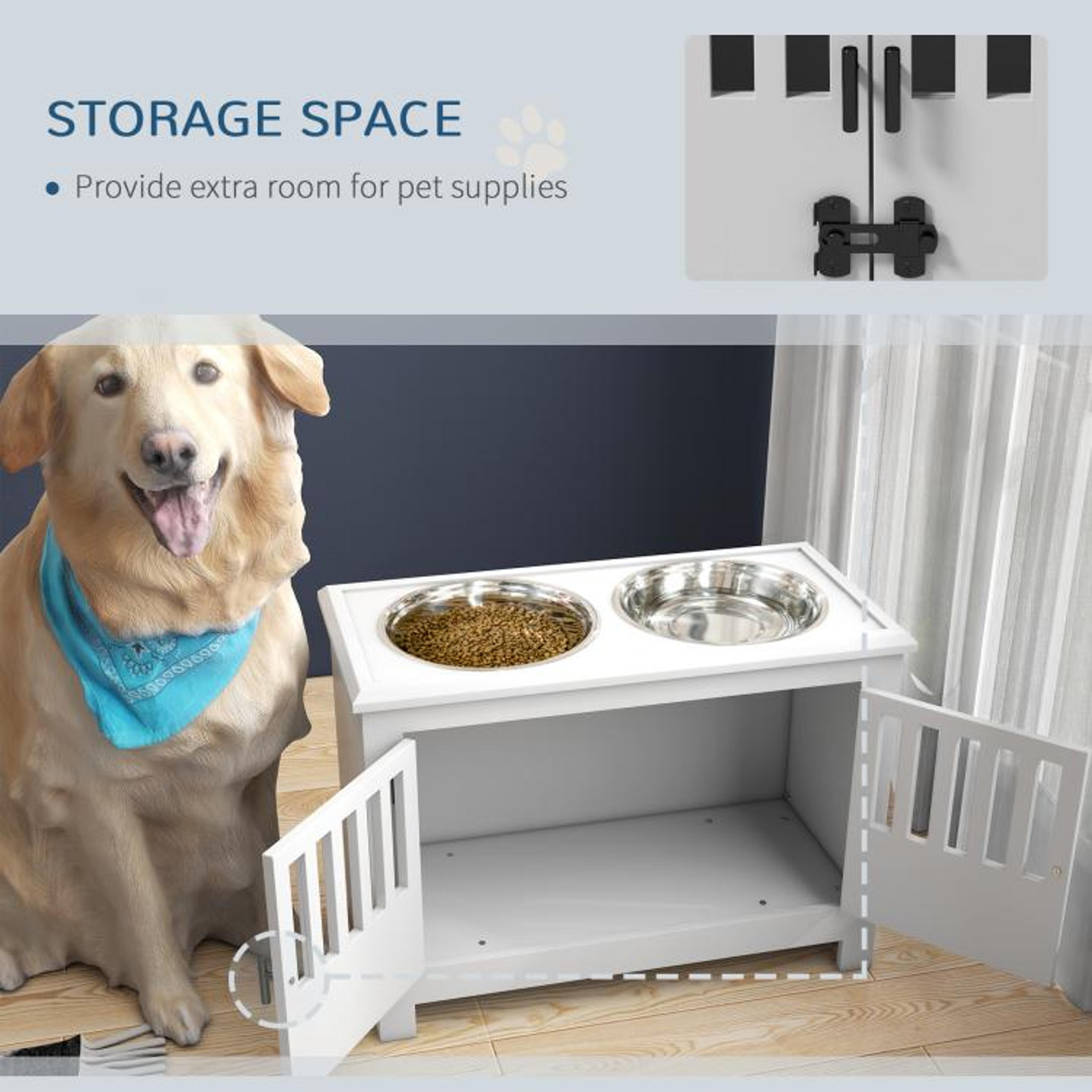 elevated dog feeding station with storage cabinet and 2 stainless steel bowls white