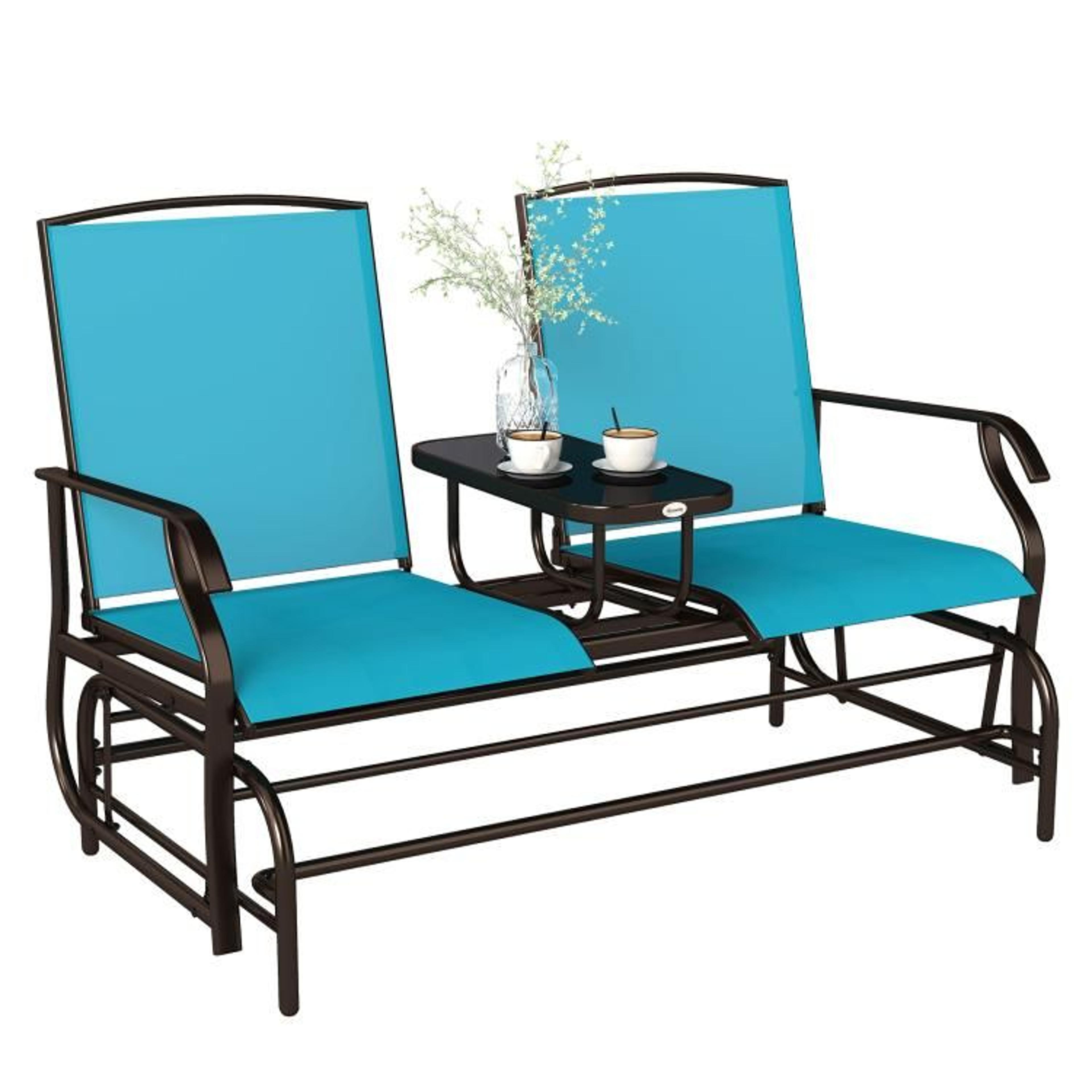 2-person outdoor glider chair with center table and breathable mesh seats blue