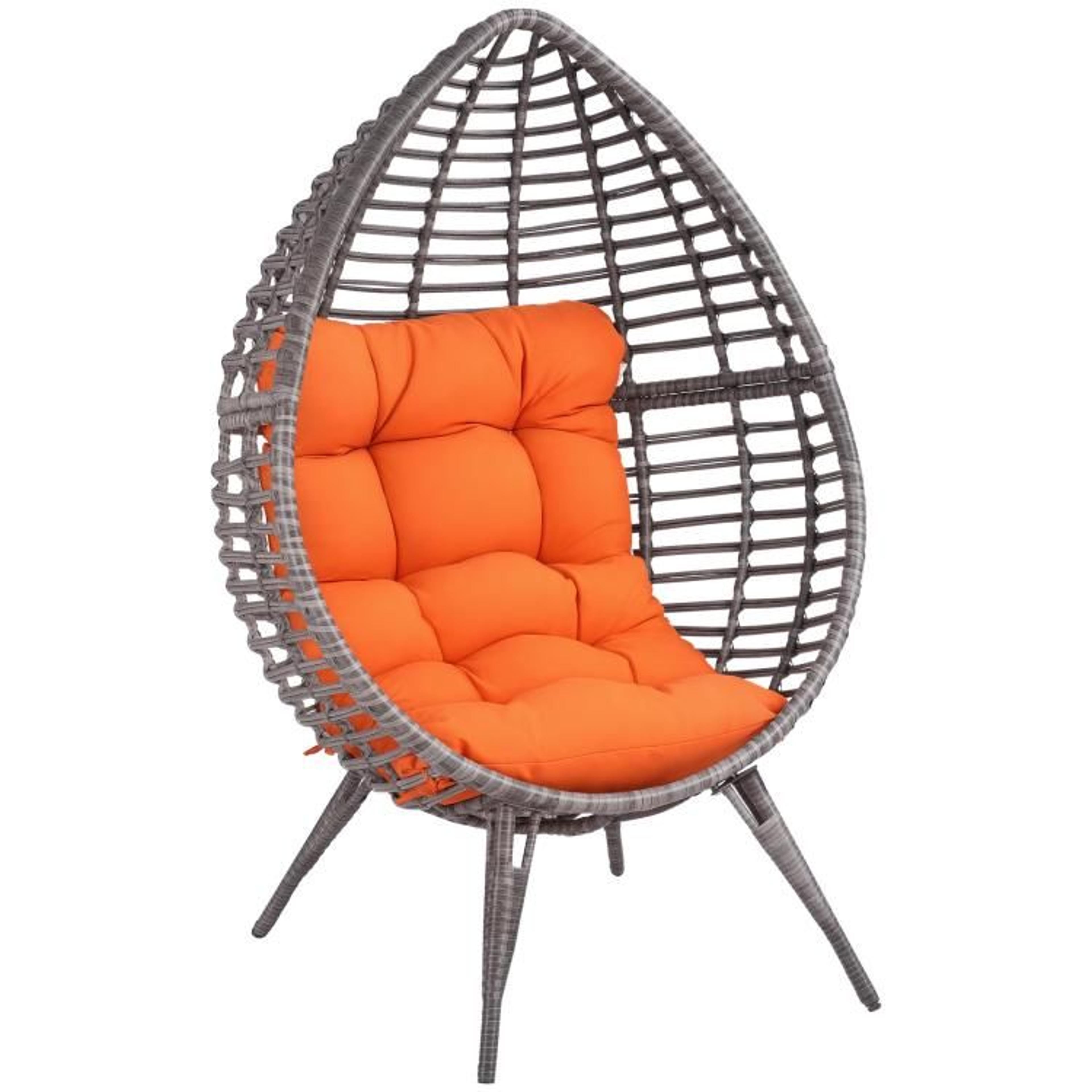 wicker egg chair with plush orange cushion for indoor and outdoor lounging