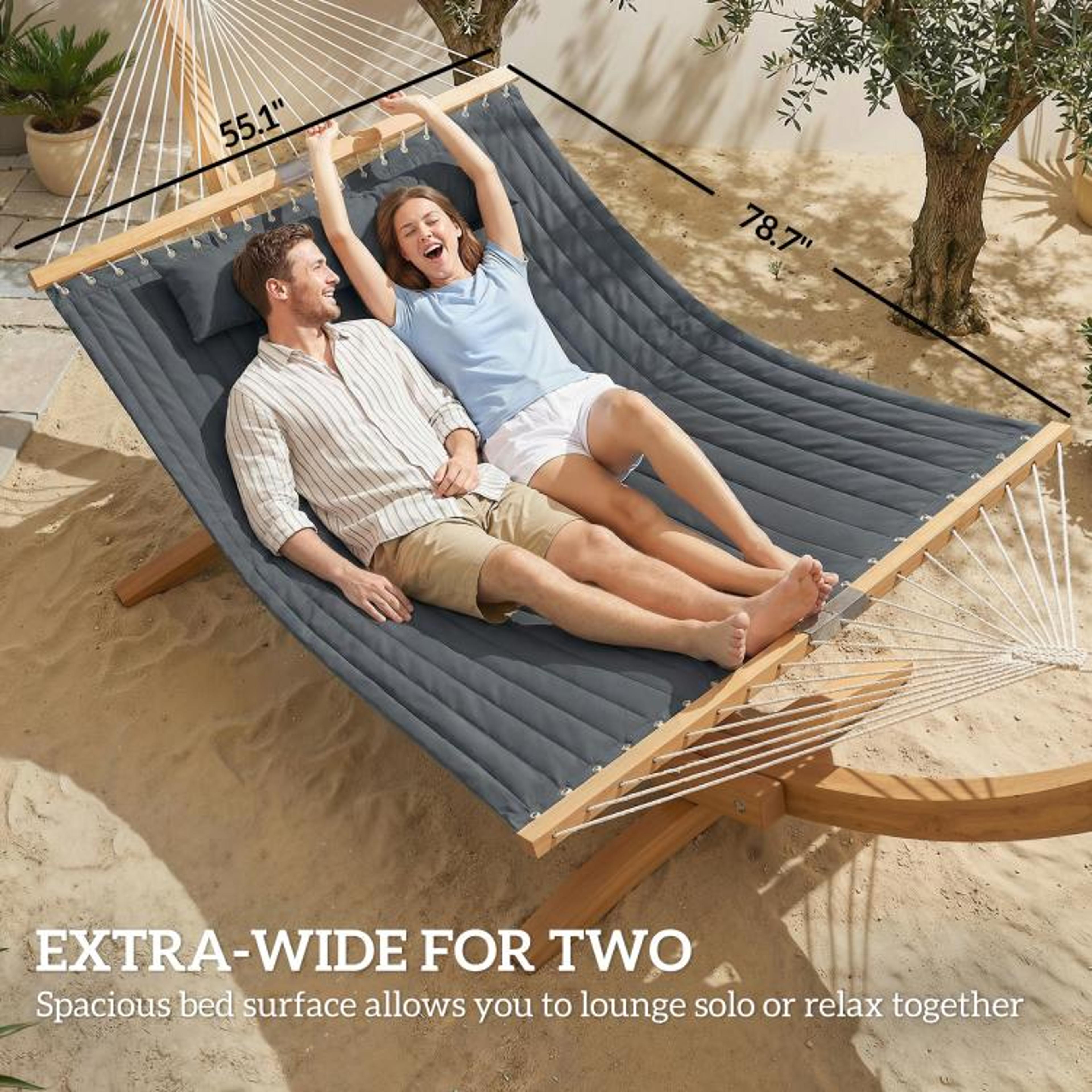 2-person quilted outdoor hammock with pillow and spreader bars gray