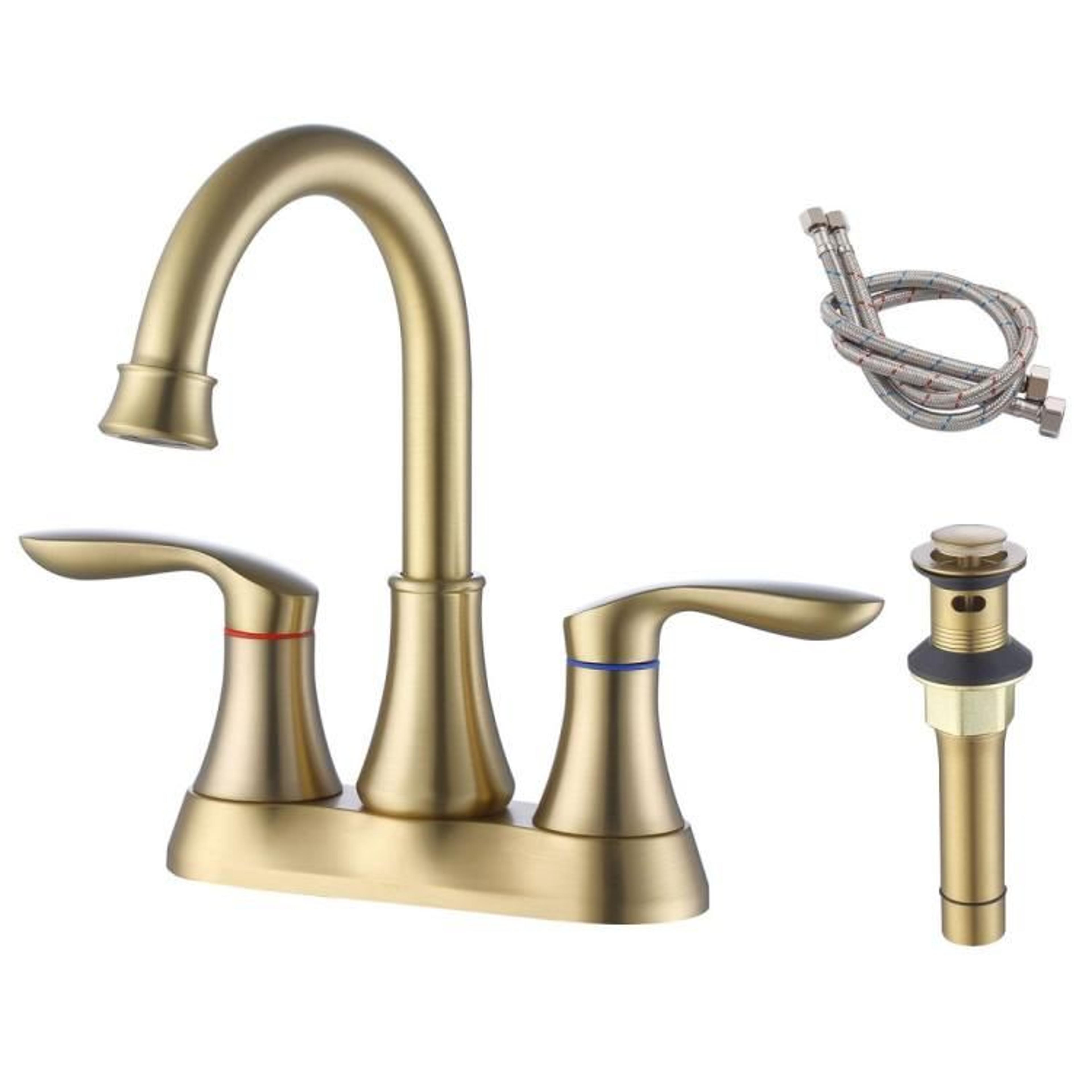 brushed gold bathroom sink faucet with 2 handles and 360° swivel spout