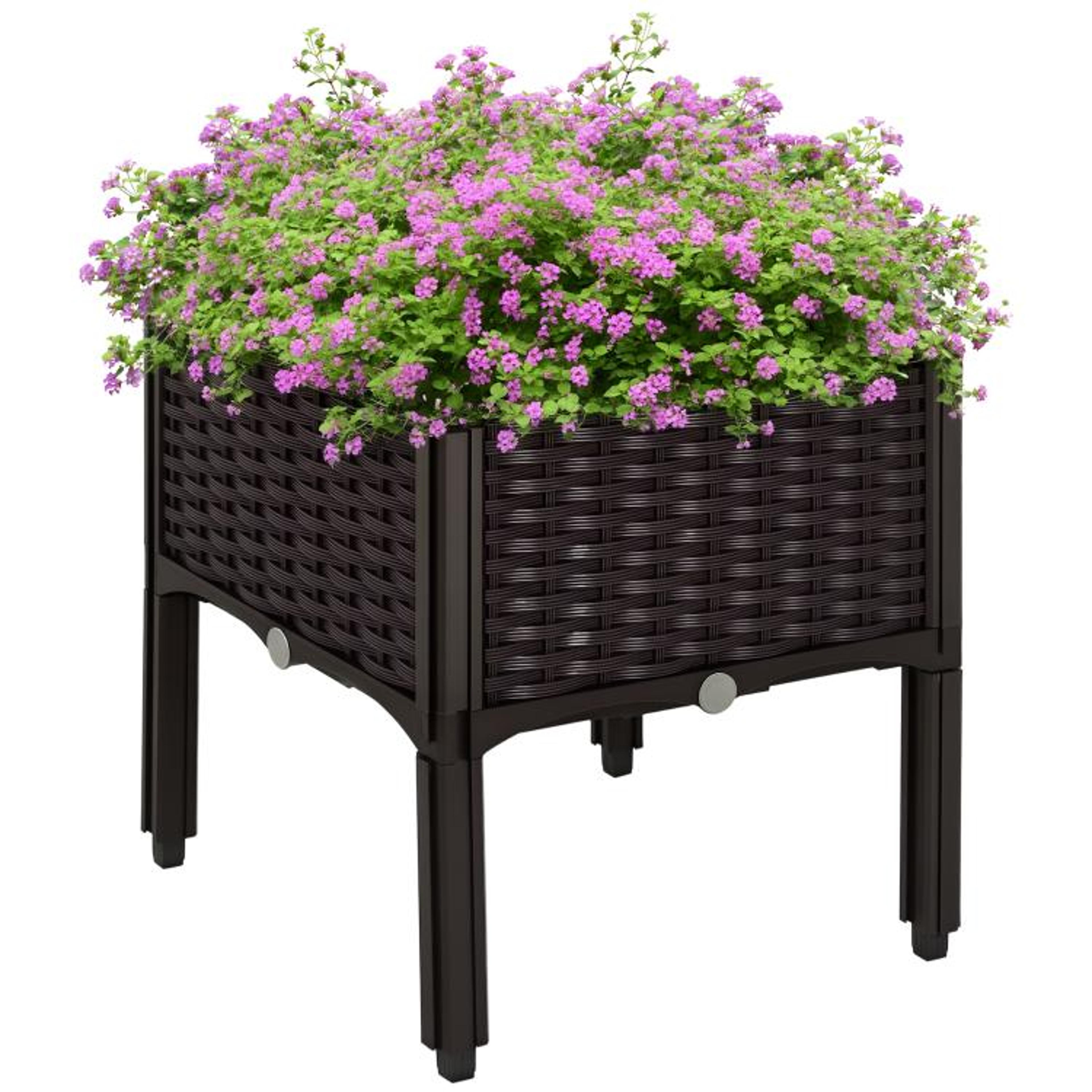 raised garden bed planter box with legs and drainage plug brown