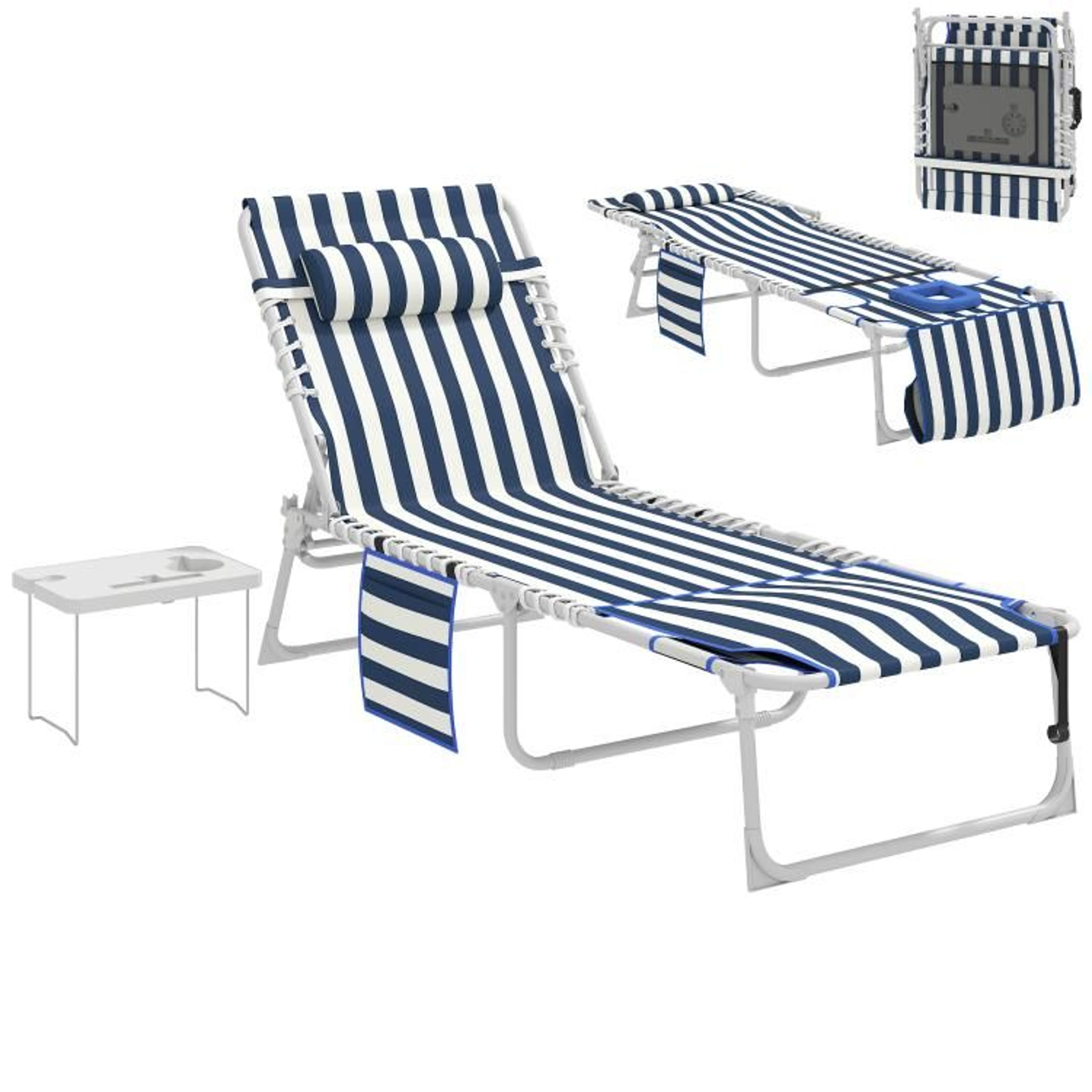 5-position folding tanning chair with face hole and side table blue and white