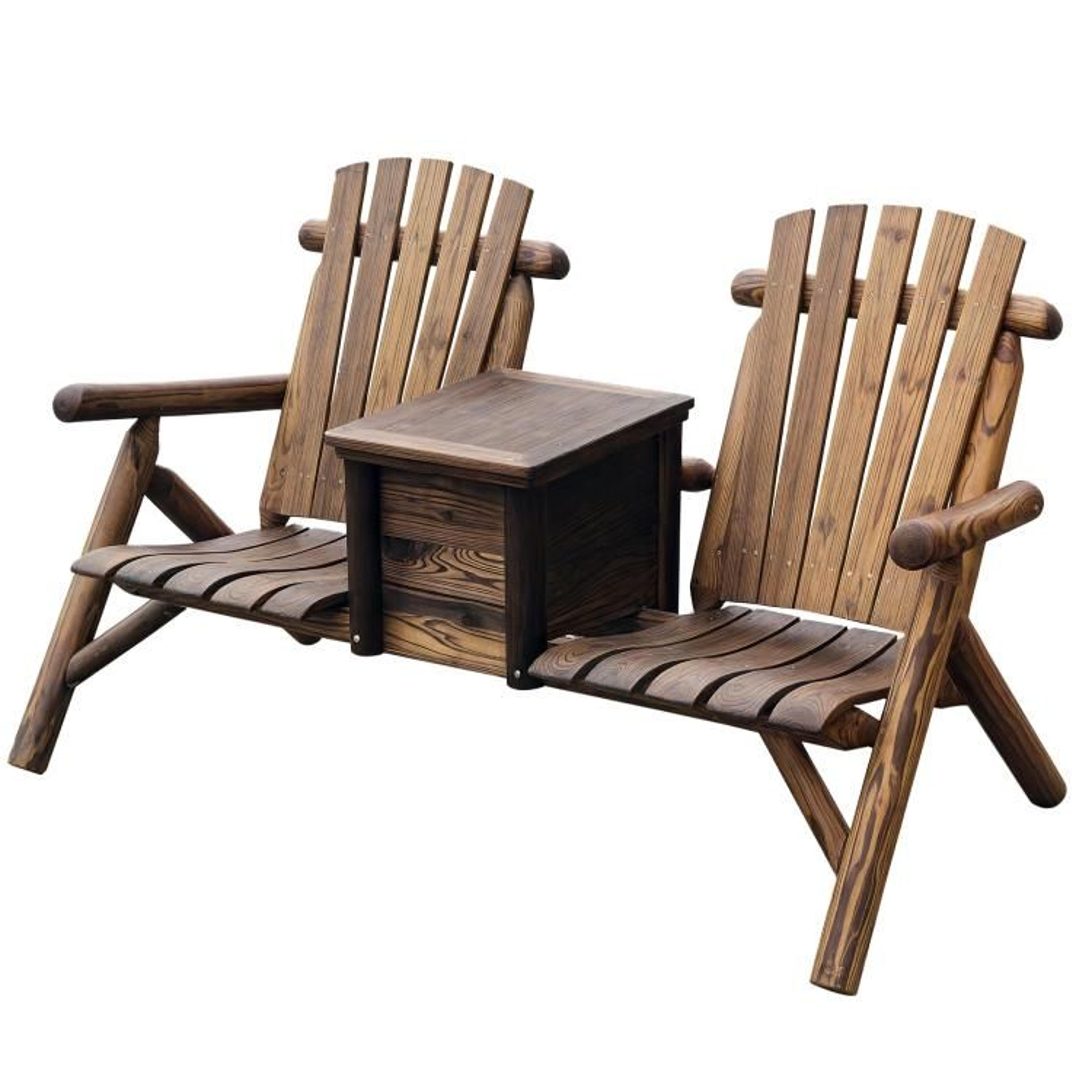 double wooden adirondack loveseat with ice bucket and center table rustic brown