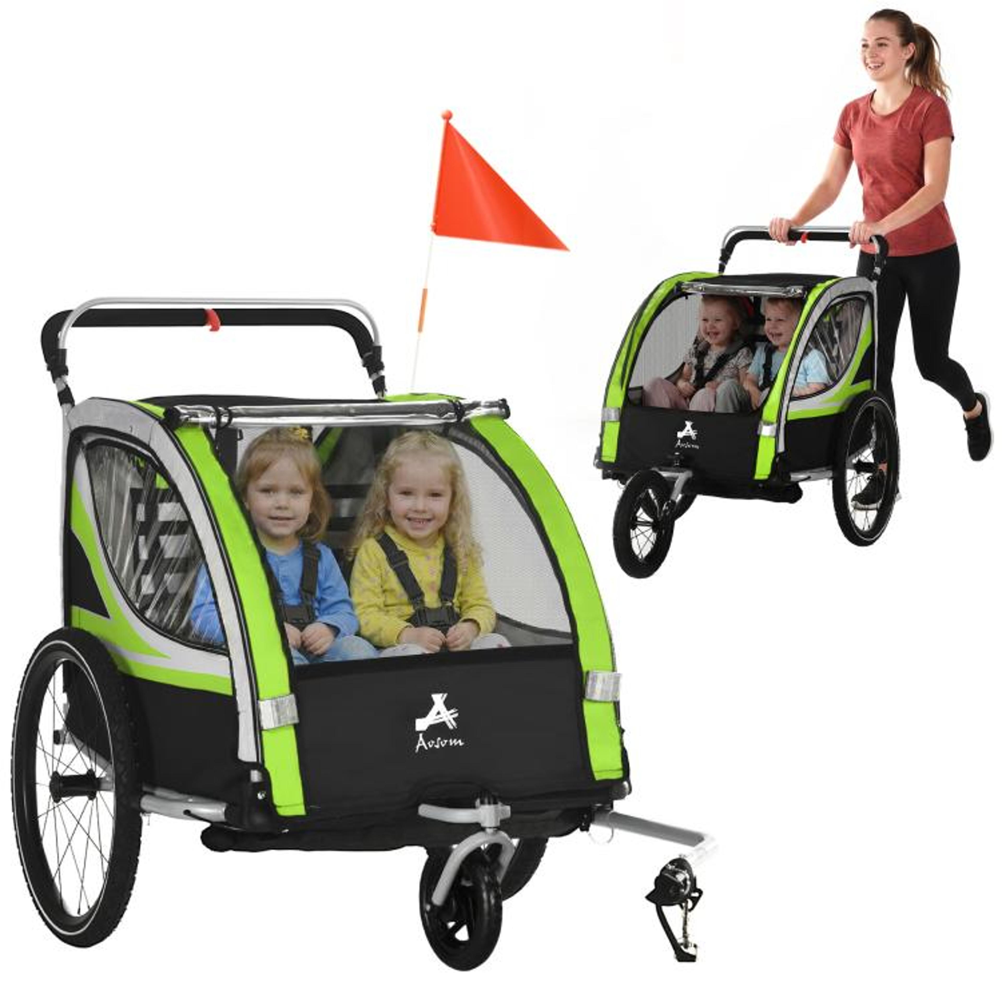 3-in-1 kids bike trailer and double jogging stroller with 5-point harness green