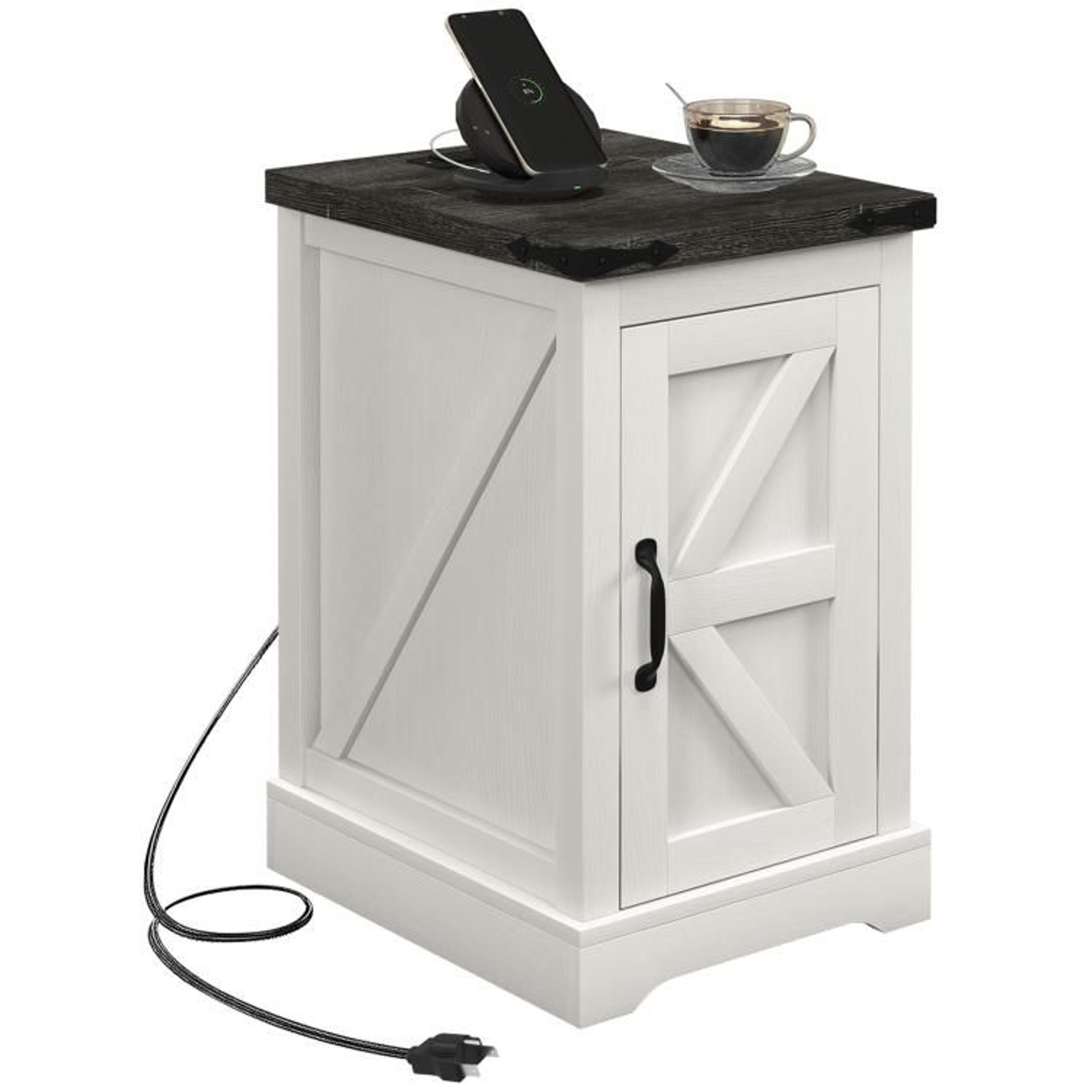 farmhouse end table with storage and charging station distressed white