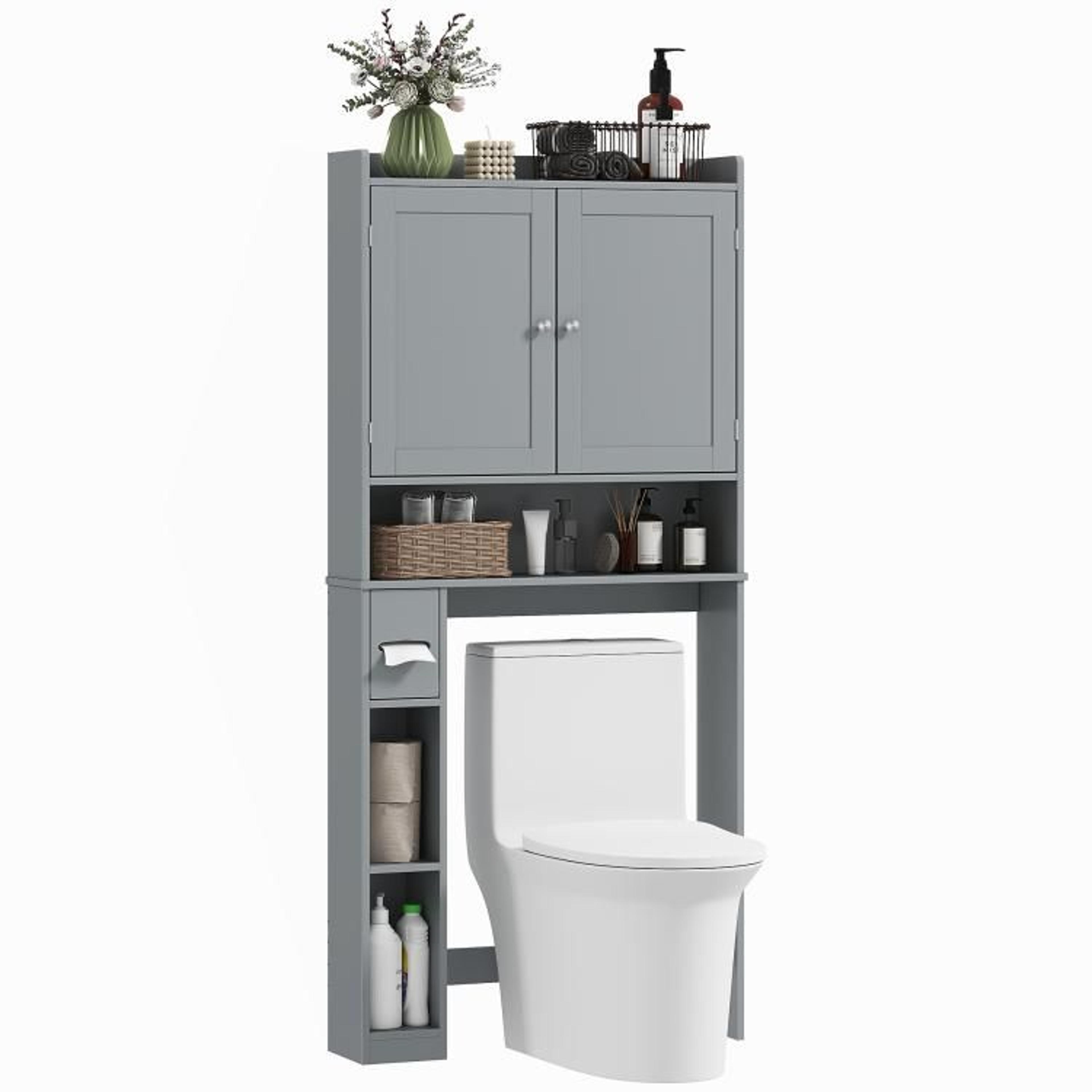 over the toilet storage cabinet with adjustable shelves and toilet paper holder gray