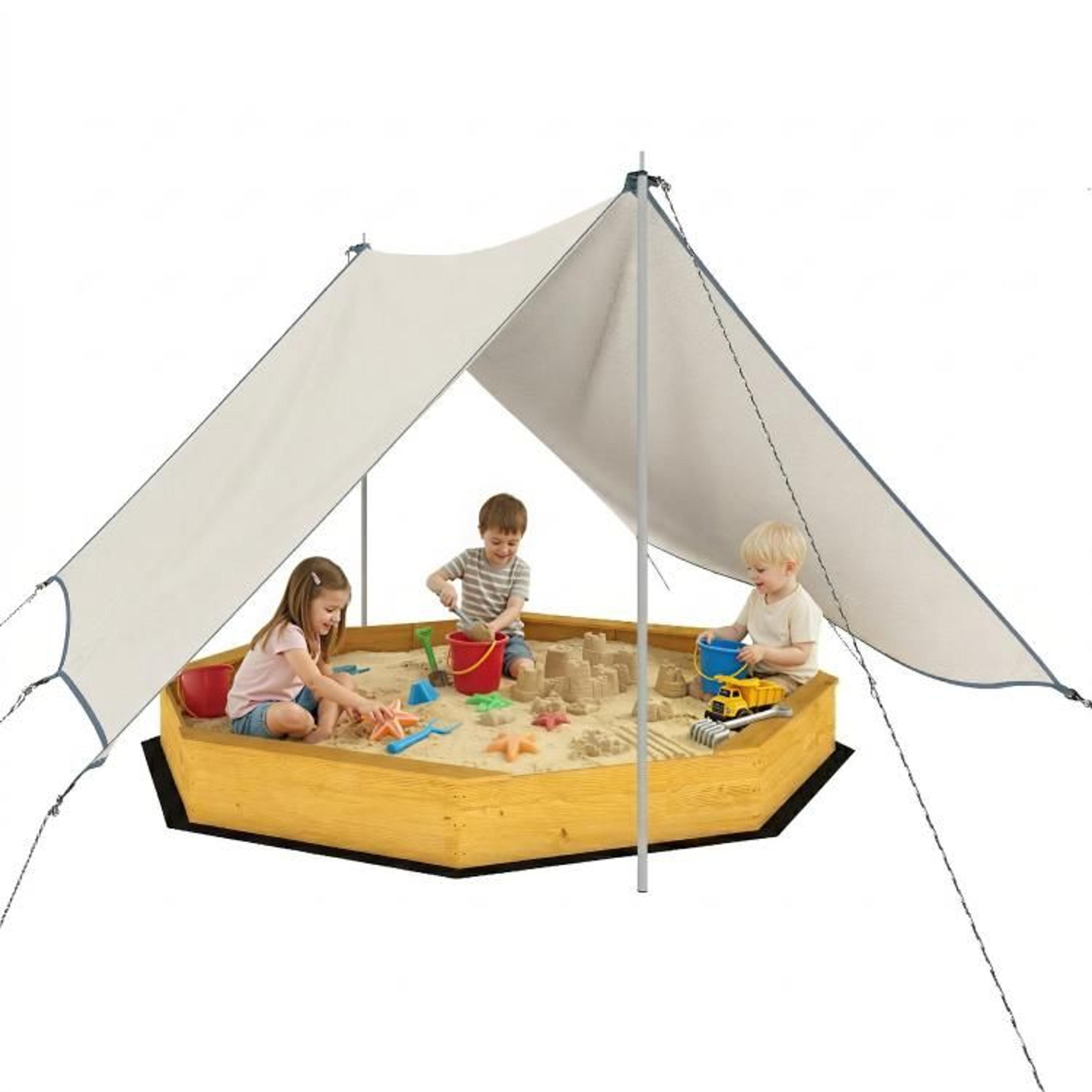 wooden outdoor sandbox with canopy and 4 bench seats for kids