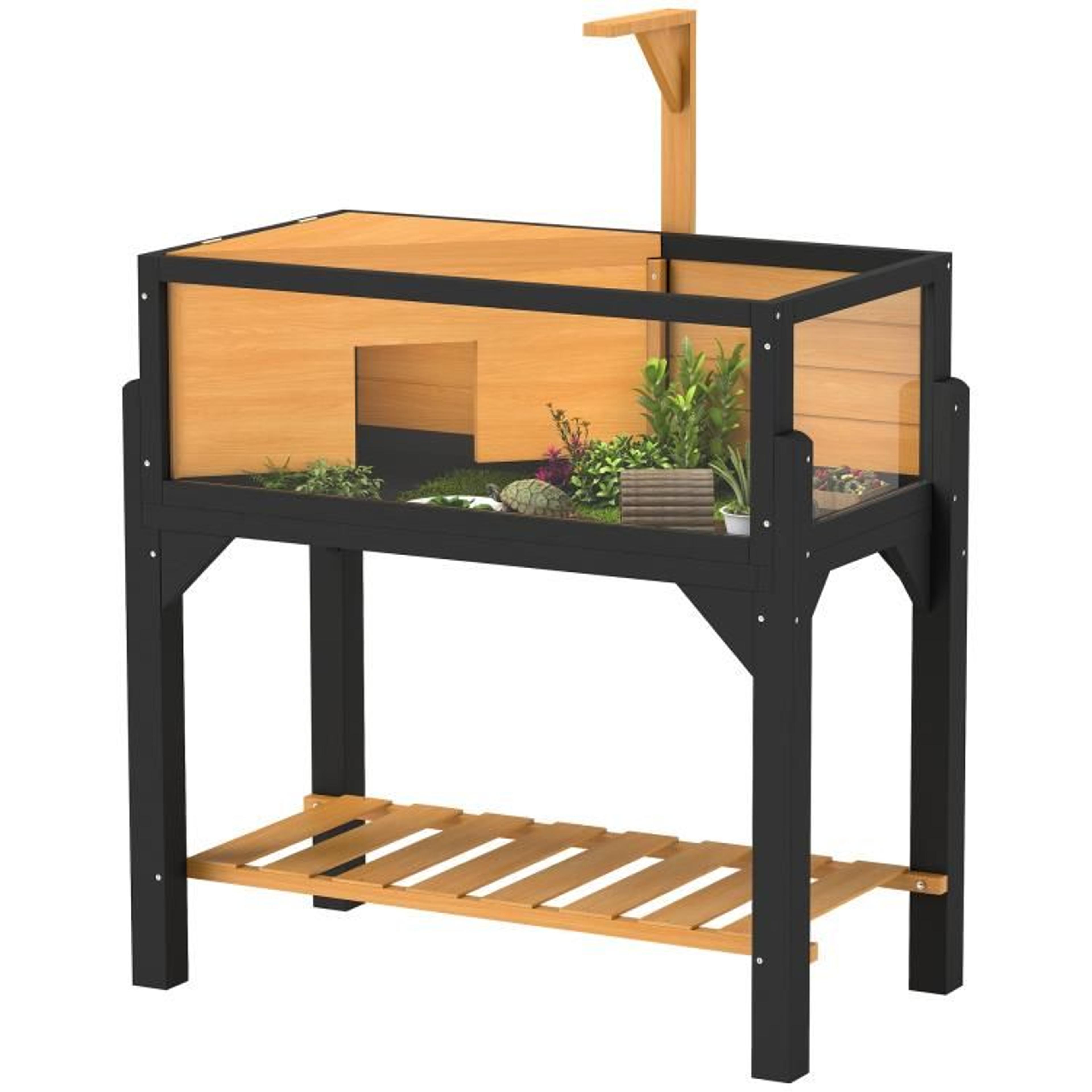 wooden tortoise enclosure with storage shelf and clear viewing windows