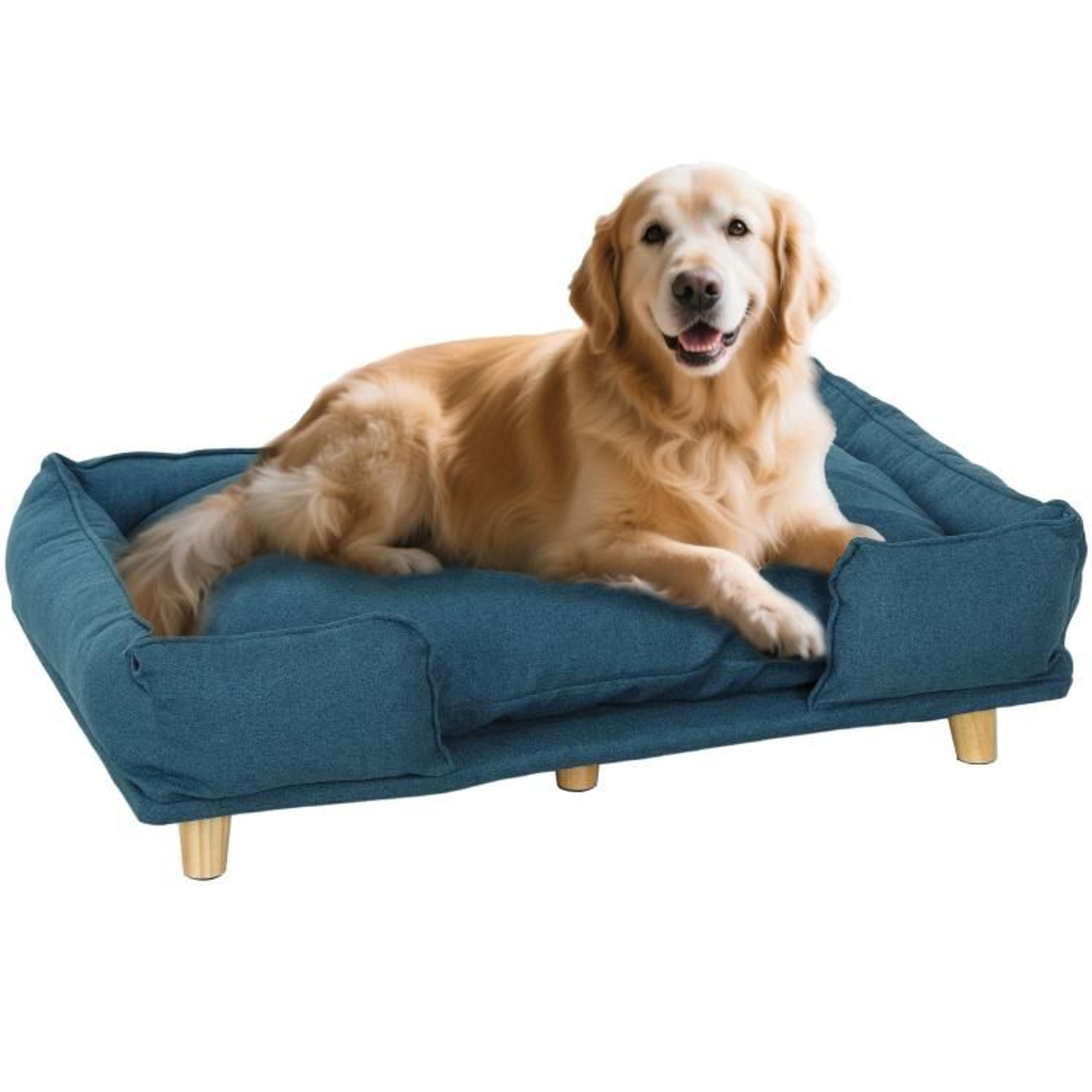 elevated dog sofa bed with removable cushion and pine wood legs dark blue