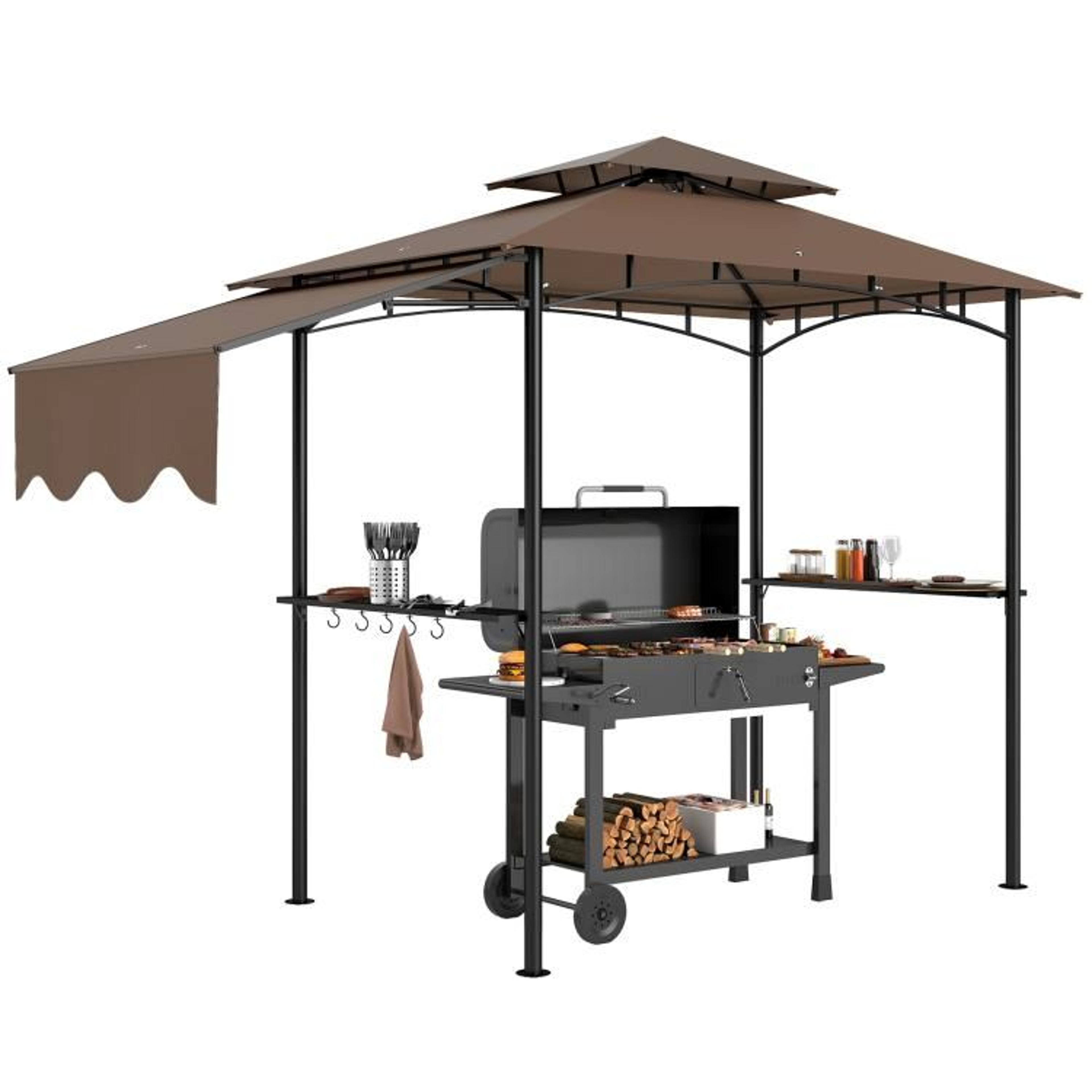 outdoor grill gazebo with adjustable awning and double-top canopy brown