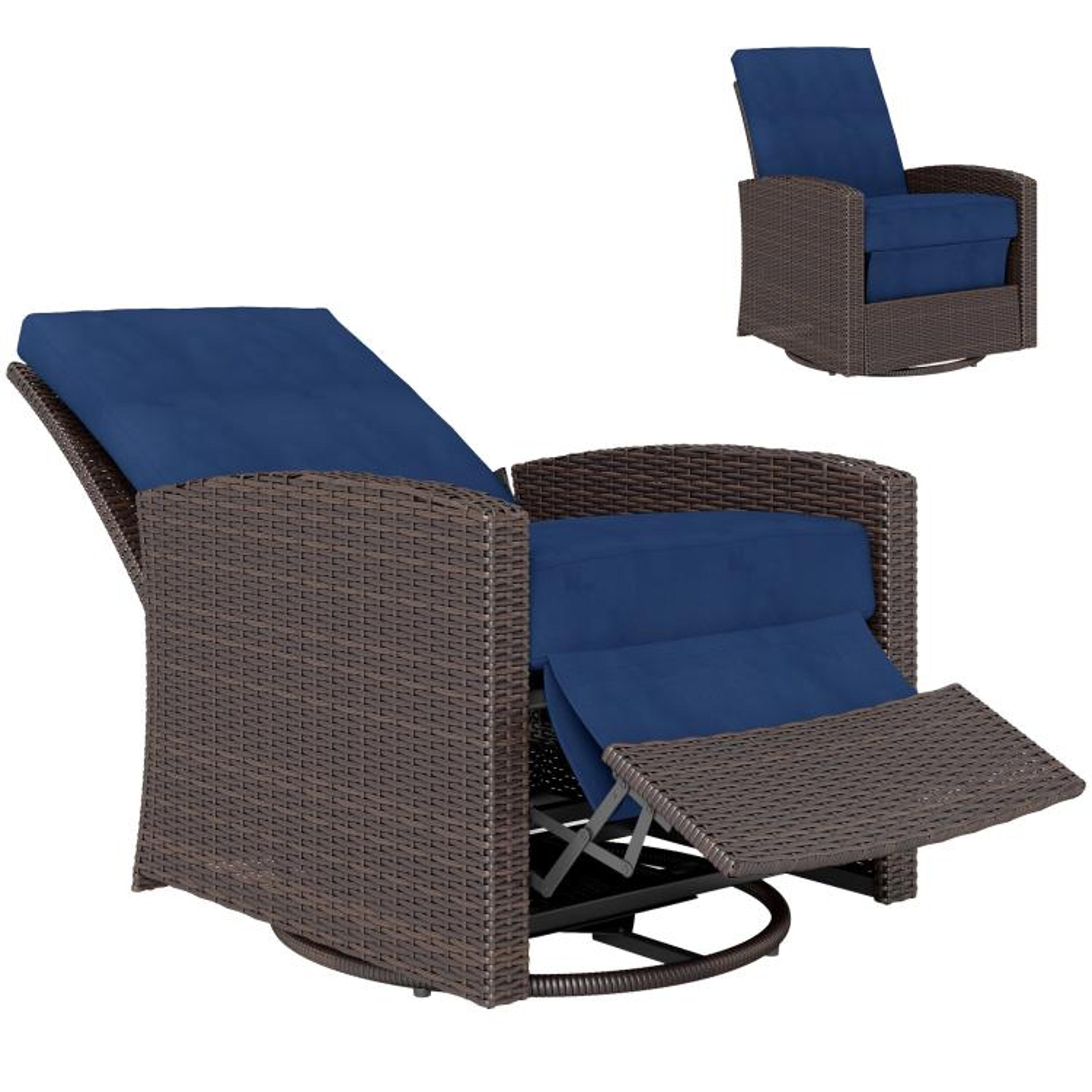 outdoor wicker swivel recliner chair with adjustable footrest and dark blue cushions