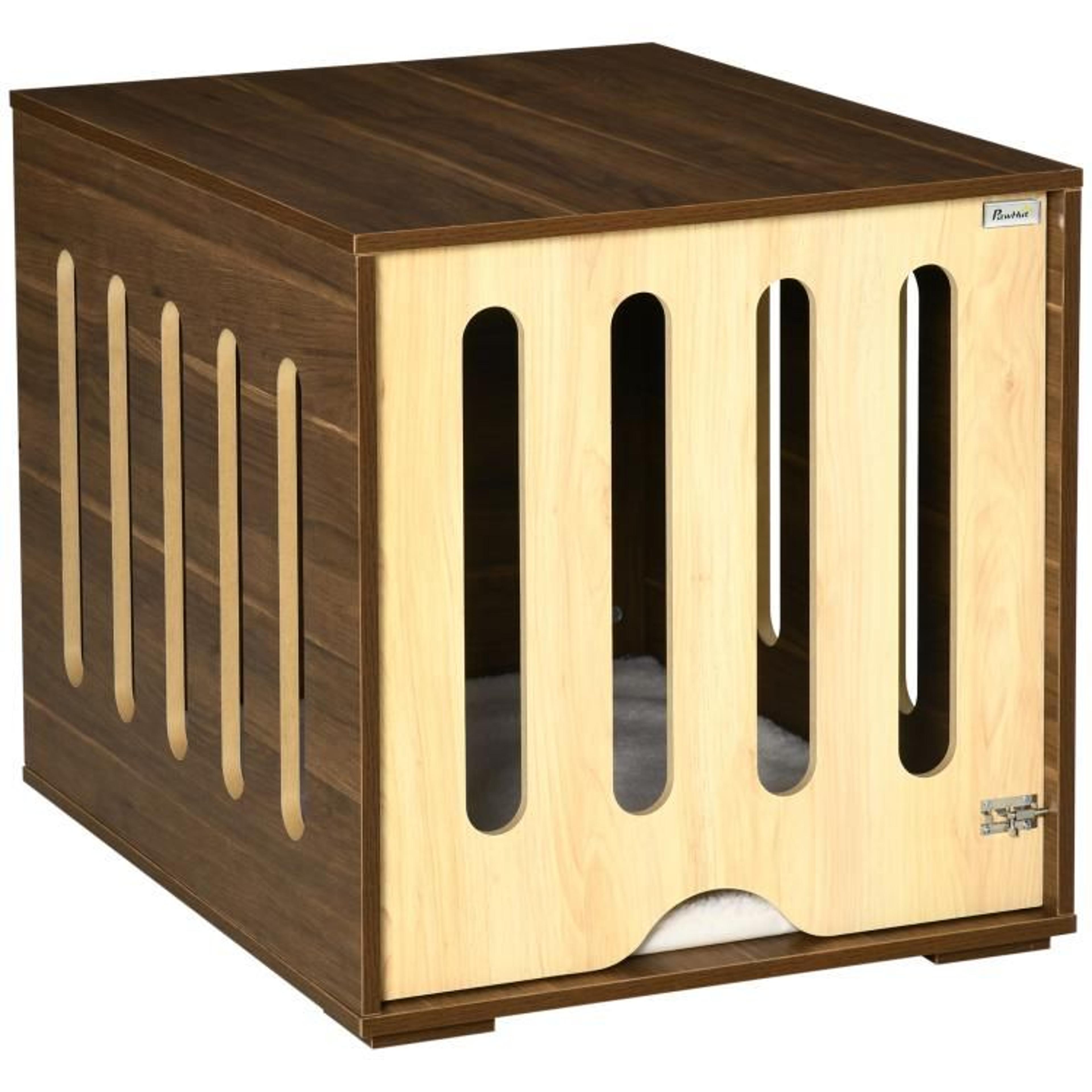 furniture style dog crate end table with sliding door and foam cushion brown