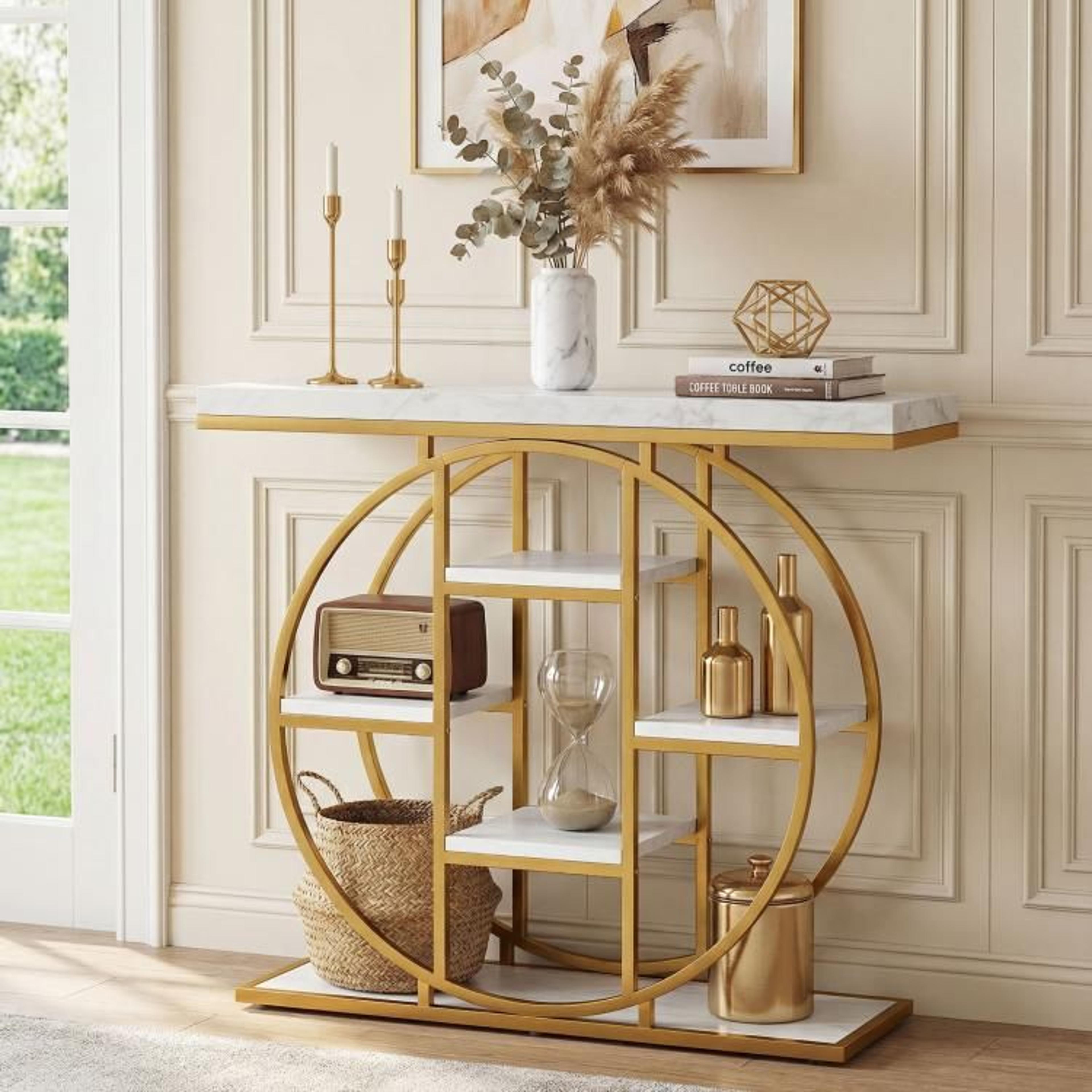 industrial console table with 6 storage shelves and white marble effect