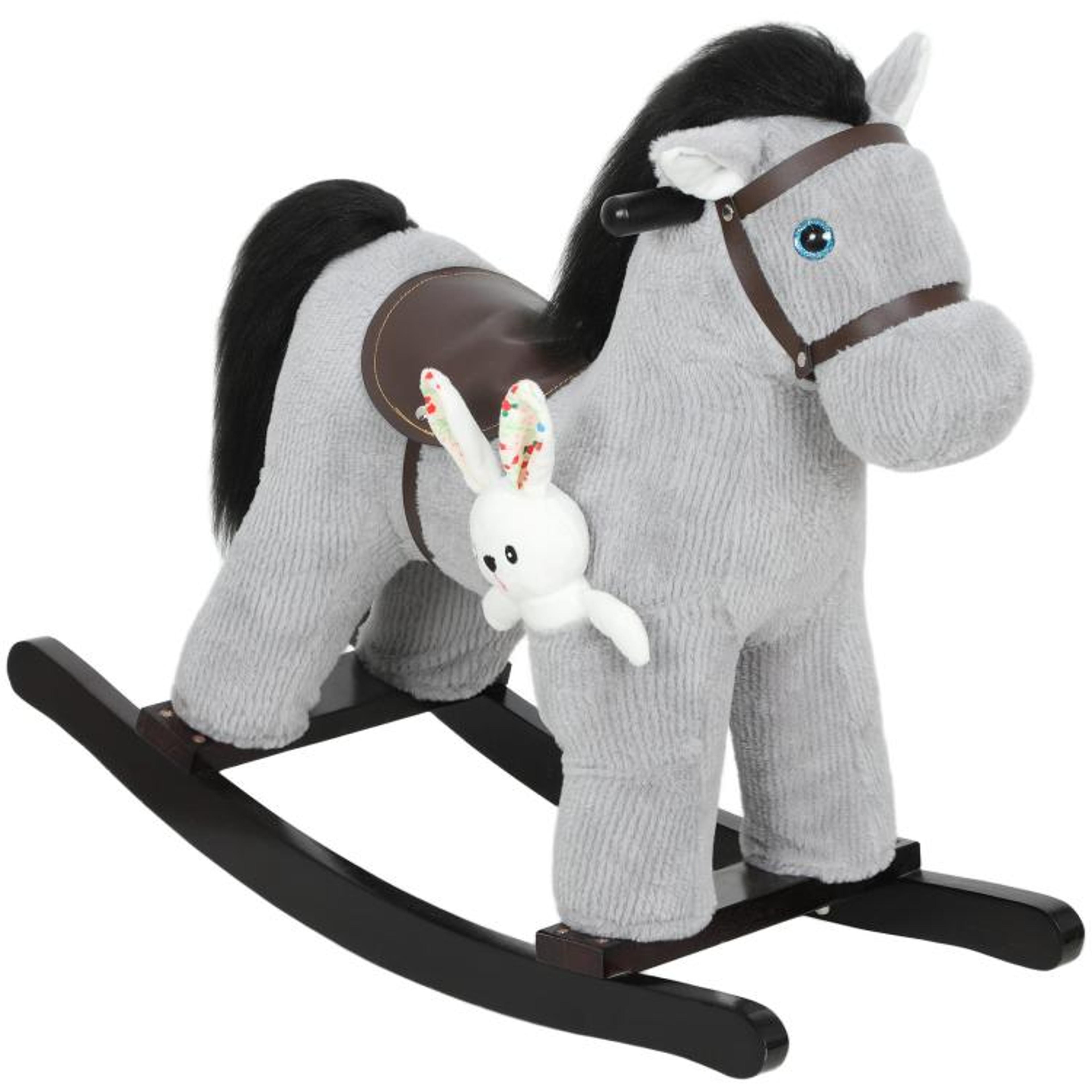 kids plush rocking horse with realistic sounds and rabbit toy gray