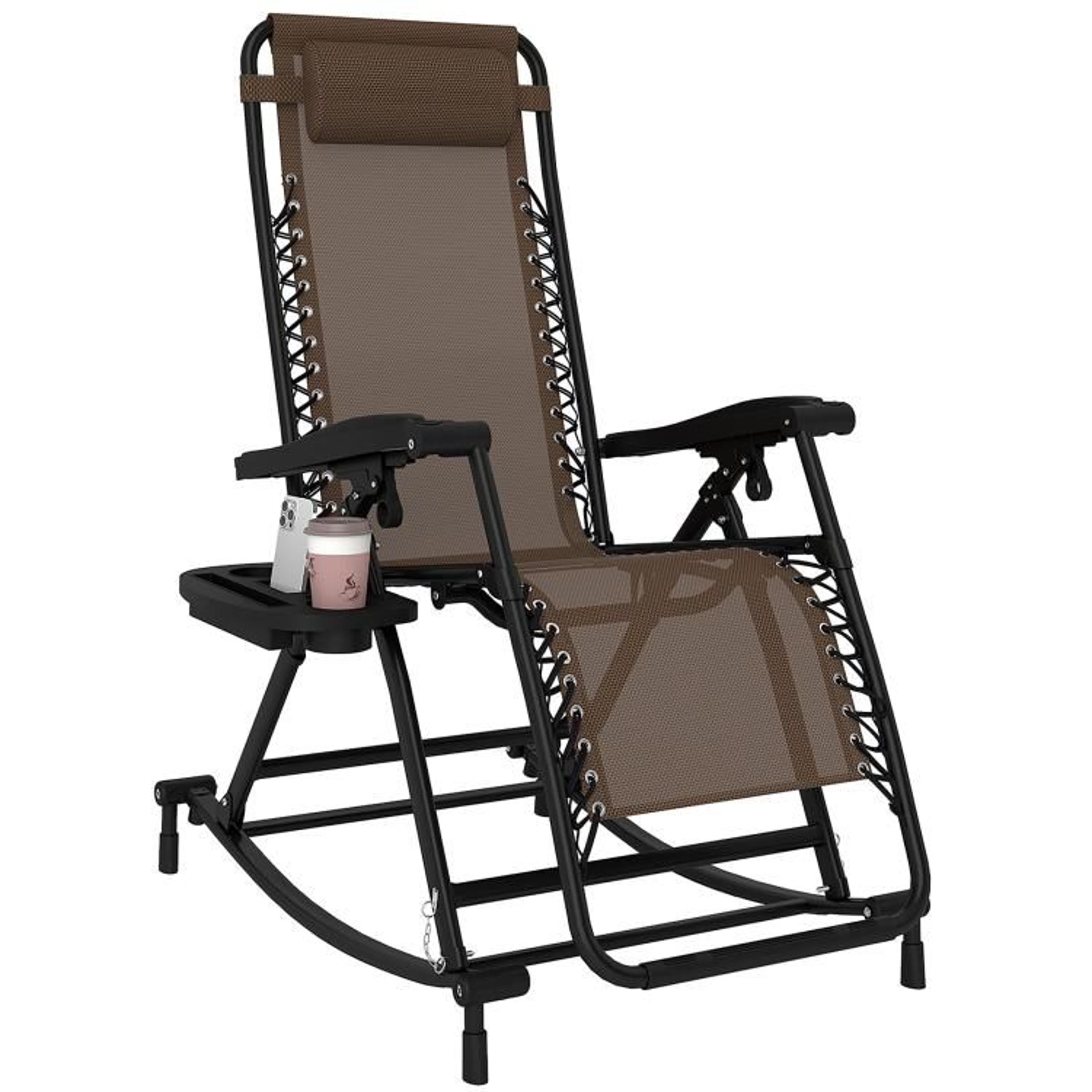 outdoor zero gravity rocking chair with folding recliner and cup holder brown
