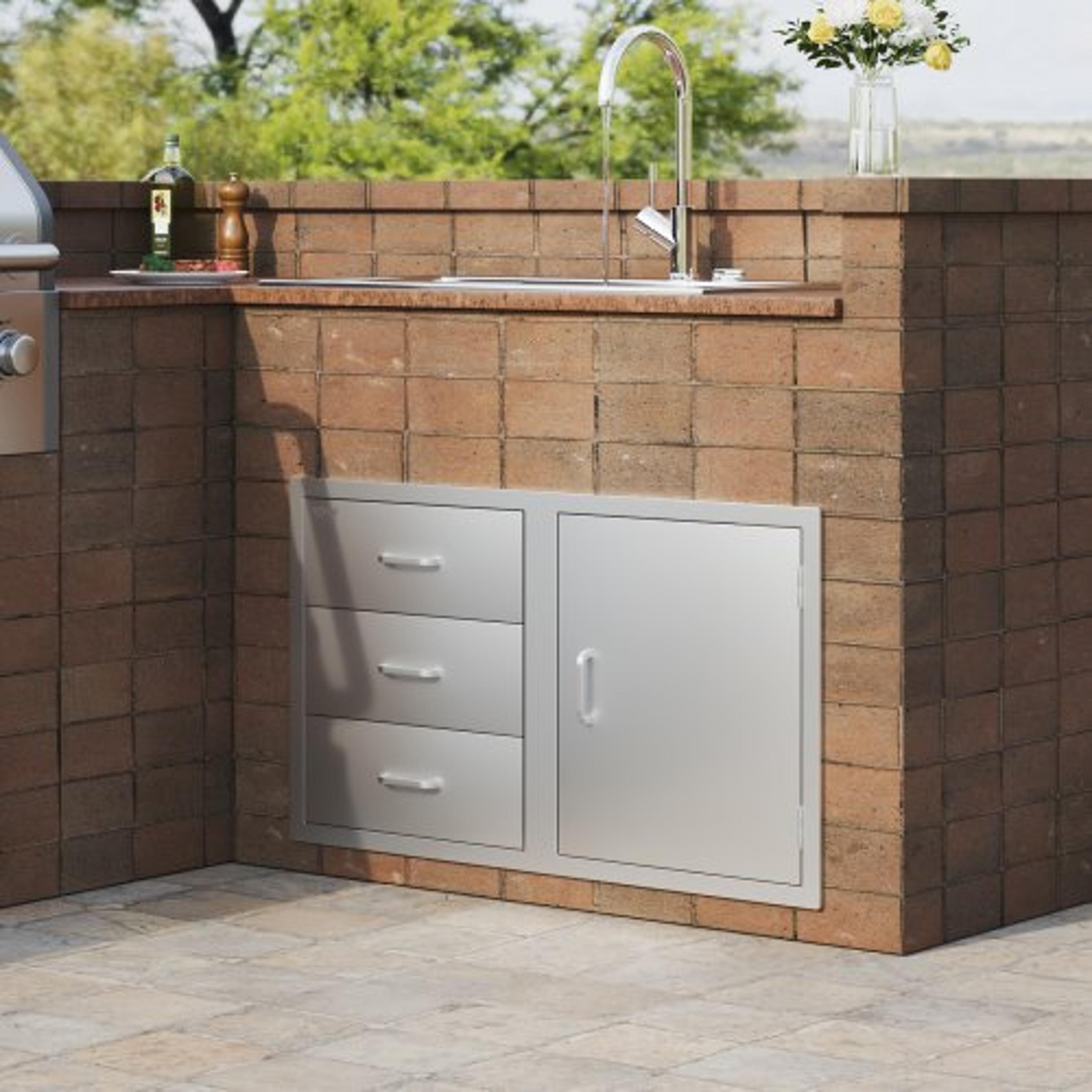 outdoor kitchen drawer combo, 38.3"w stainless steel triple drawers with side access door for bbq islands & grill stora