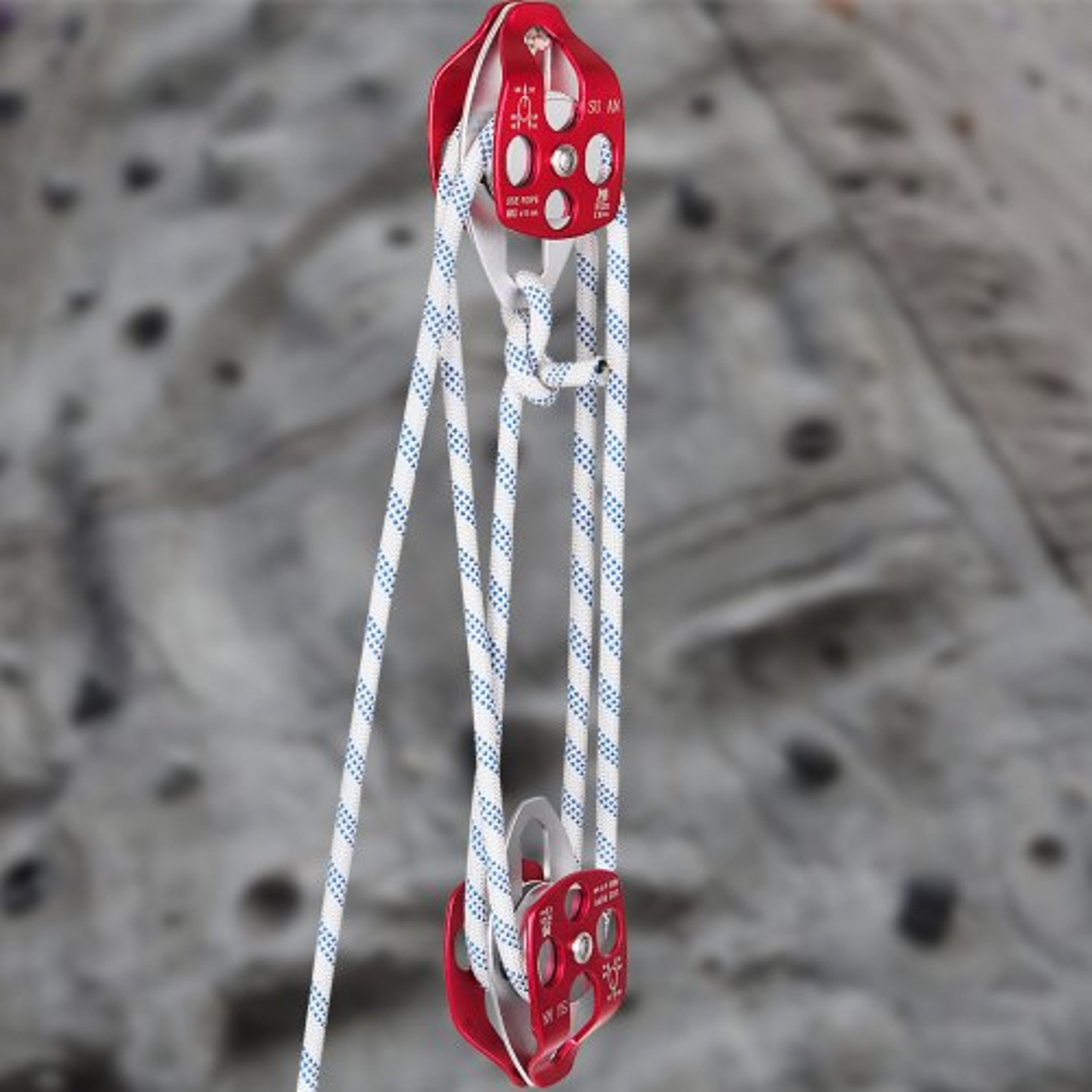 heavy-duty twin sheave block with 1/2" braid rope, 7700lb double pulley rigging system for climbing & rescue