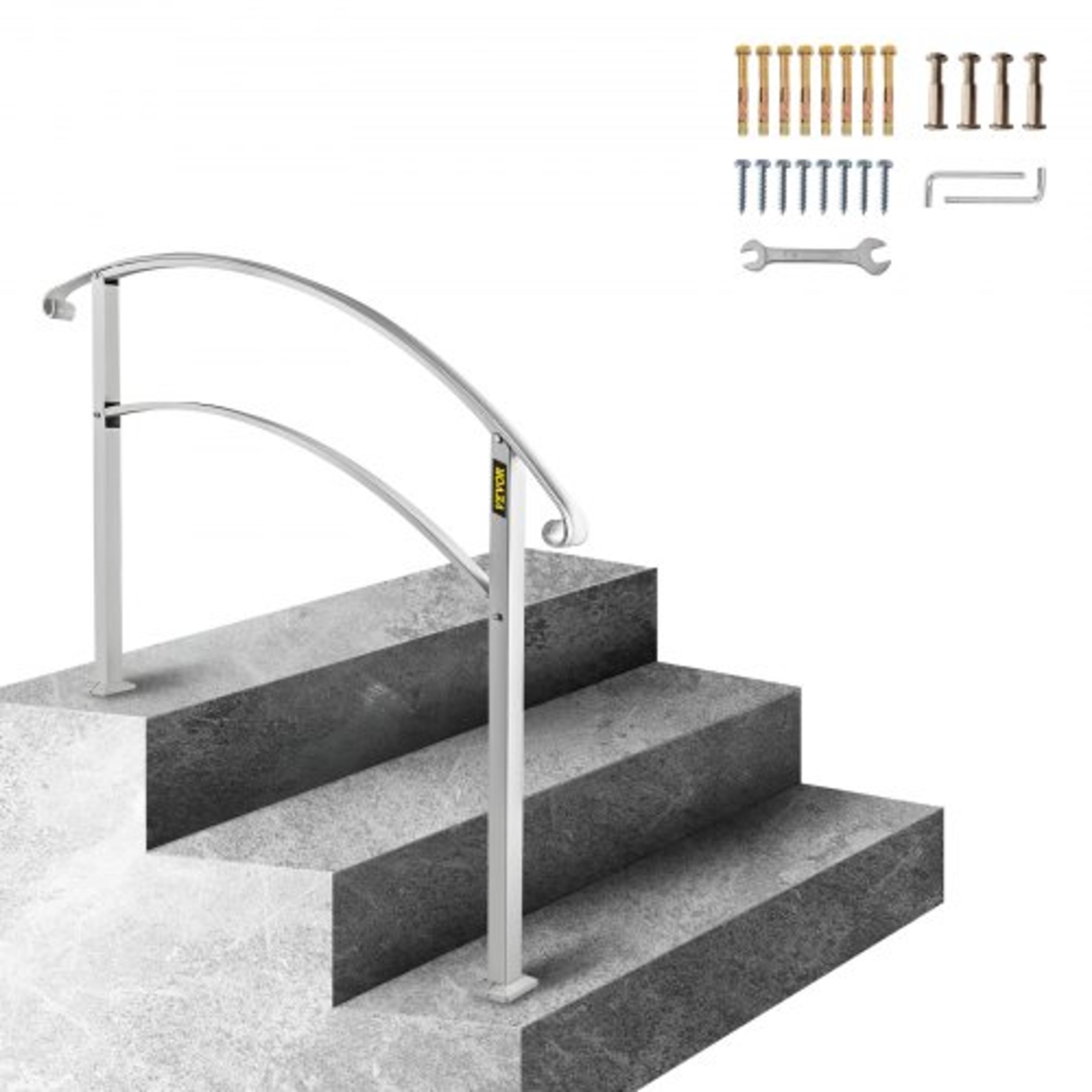 adjustable outdoor stair railing, matte white wrought iron handrail for porch, concrete, and wooden steps