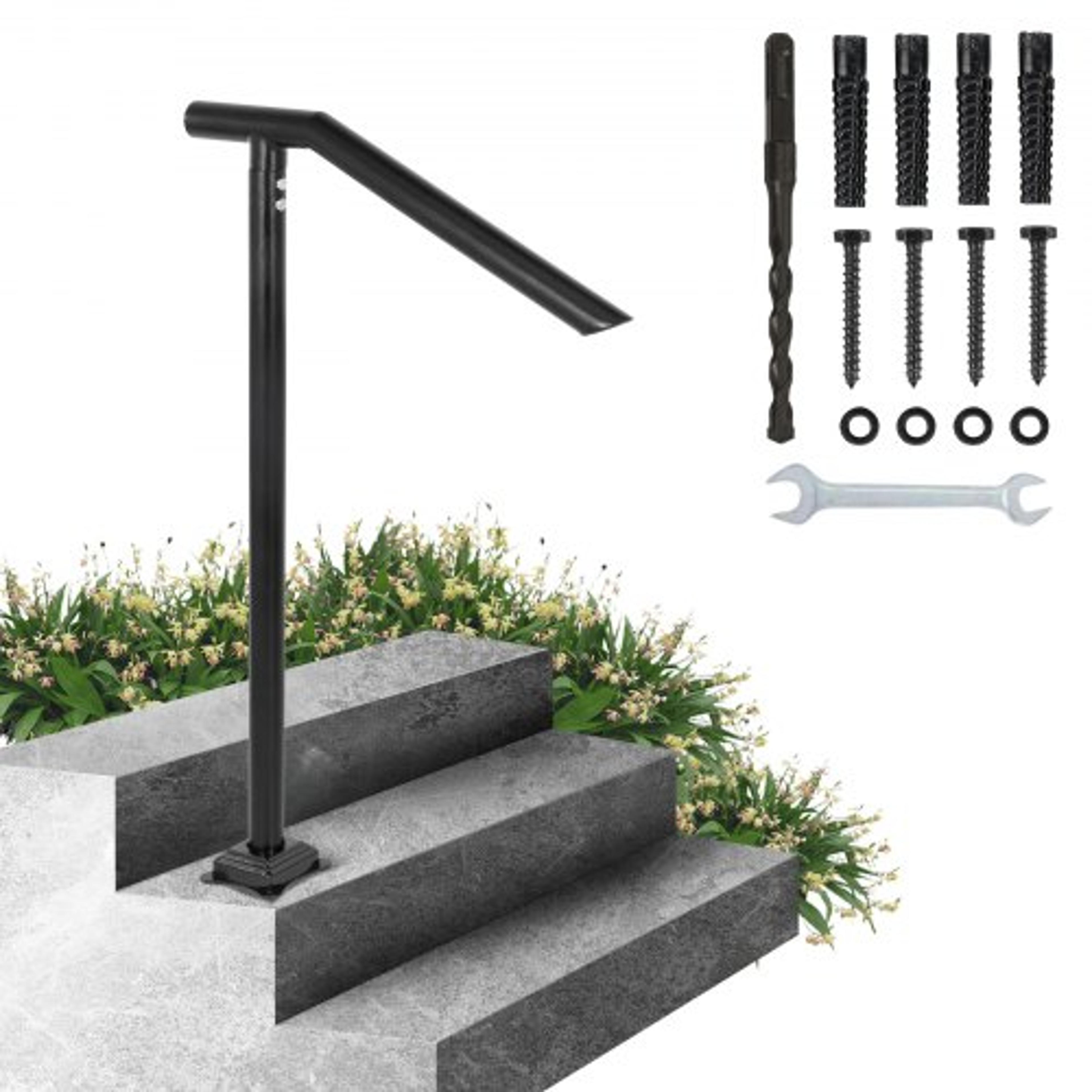 iron stair handrail, step railing, black powder-coated sturdy outdoor indoor safety railing with floor mount