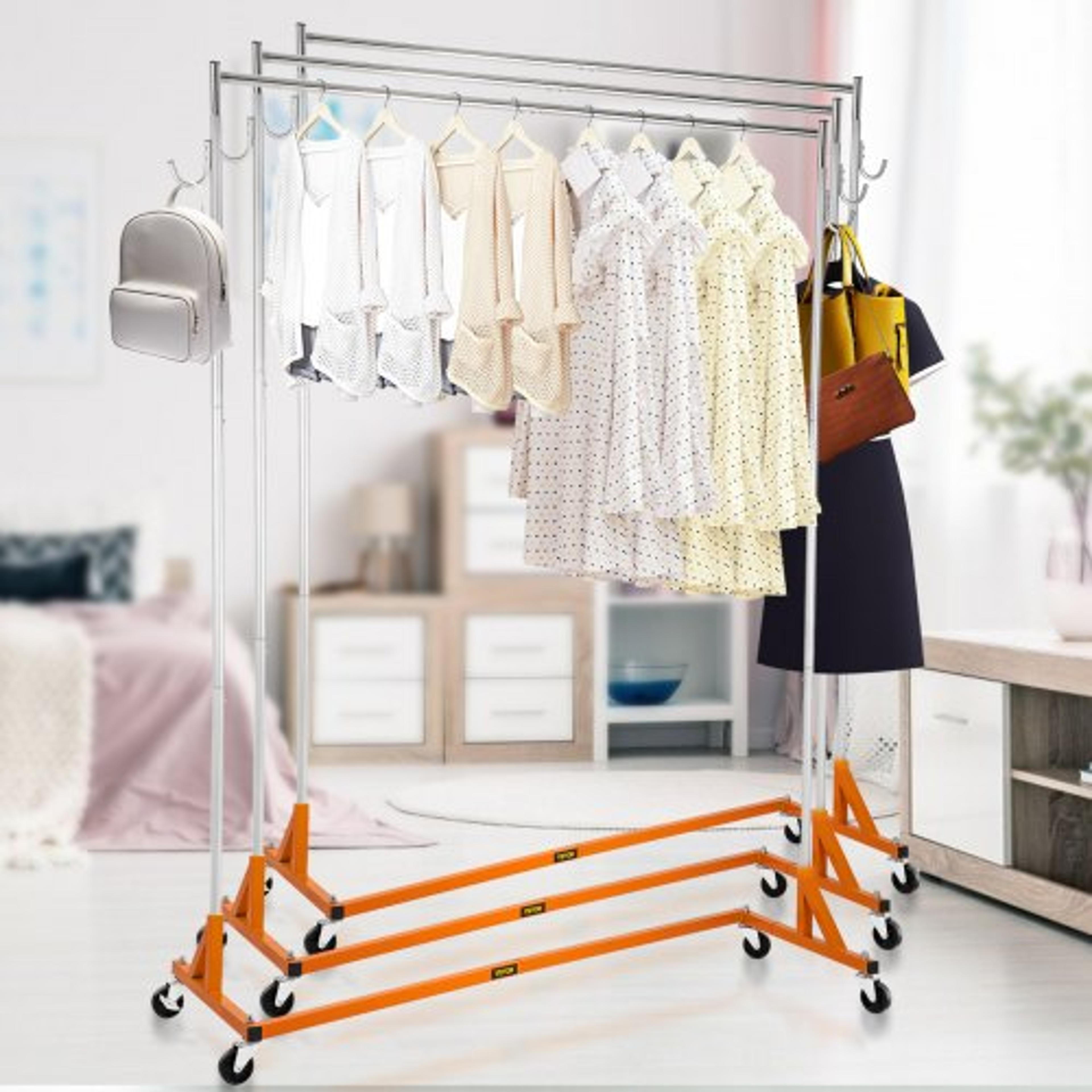 sturdy steel z-base clothing rack, mobile garment display with swivel wheels, 65" wide rail for retail & home use