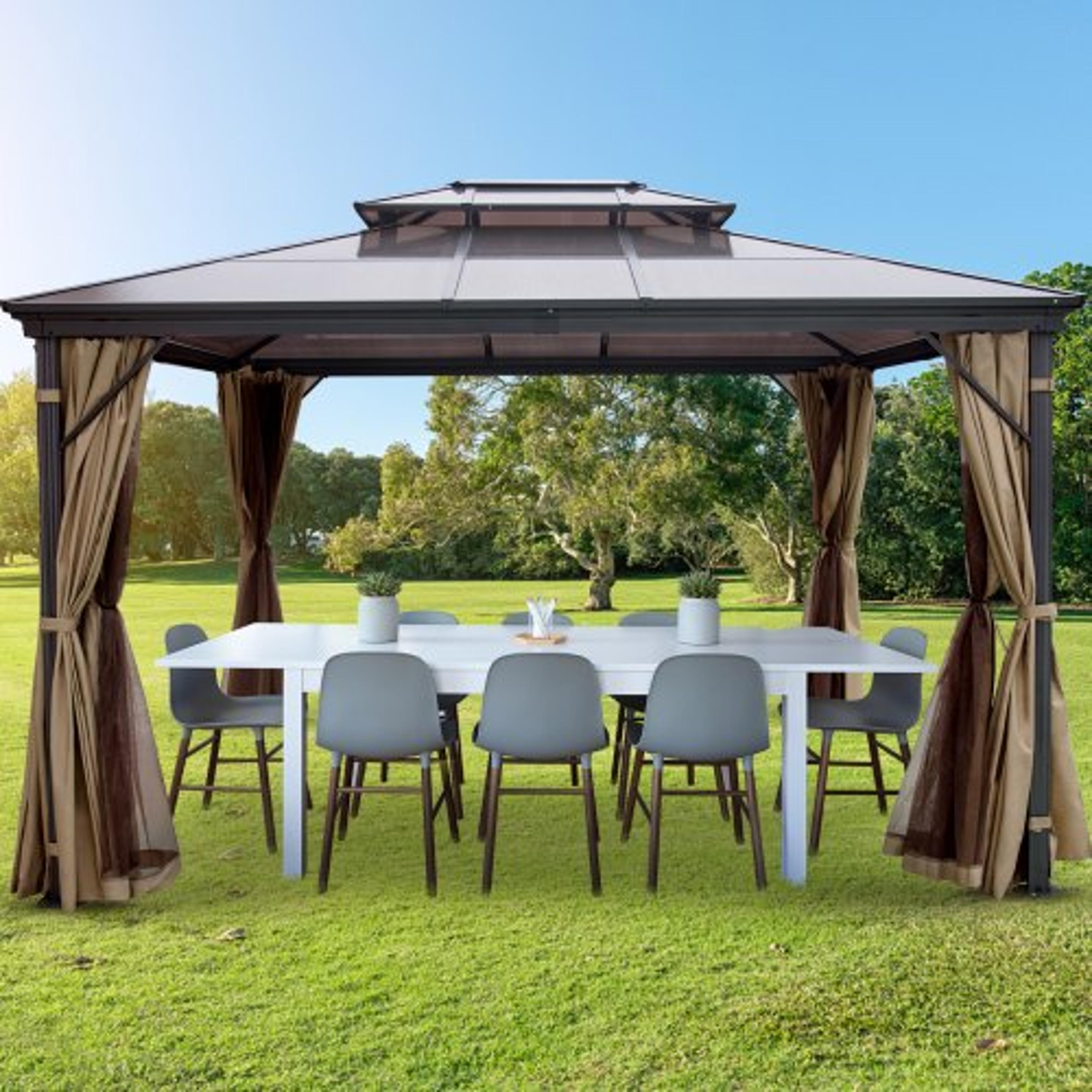 10x10 hardtop gazebo with mosquito netting, aluminum permanent double-tier roof gazebo for patio, backyard & outdoor use
