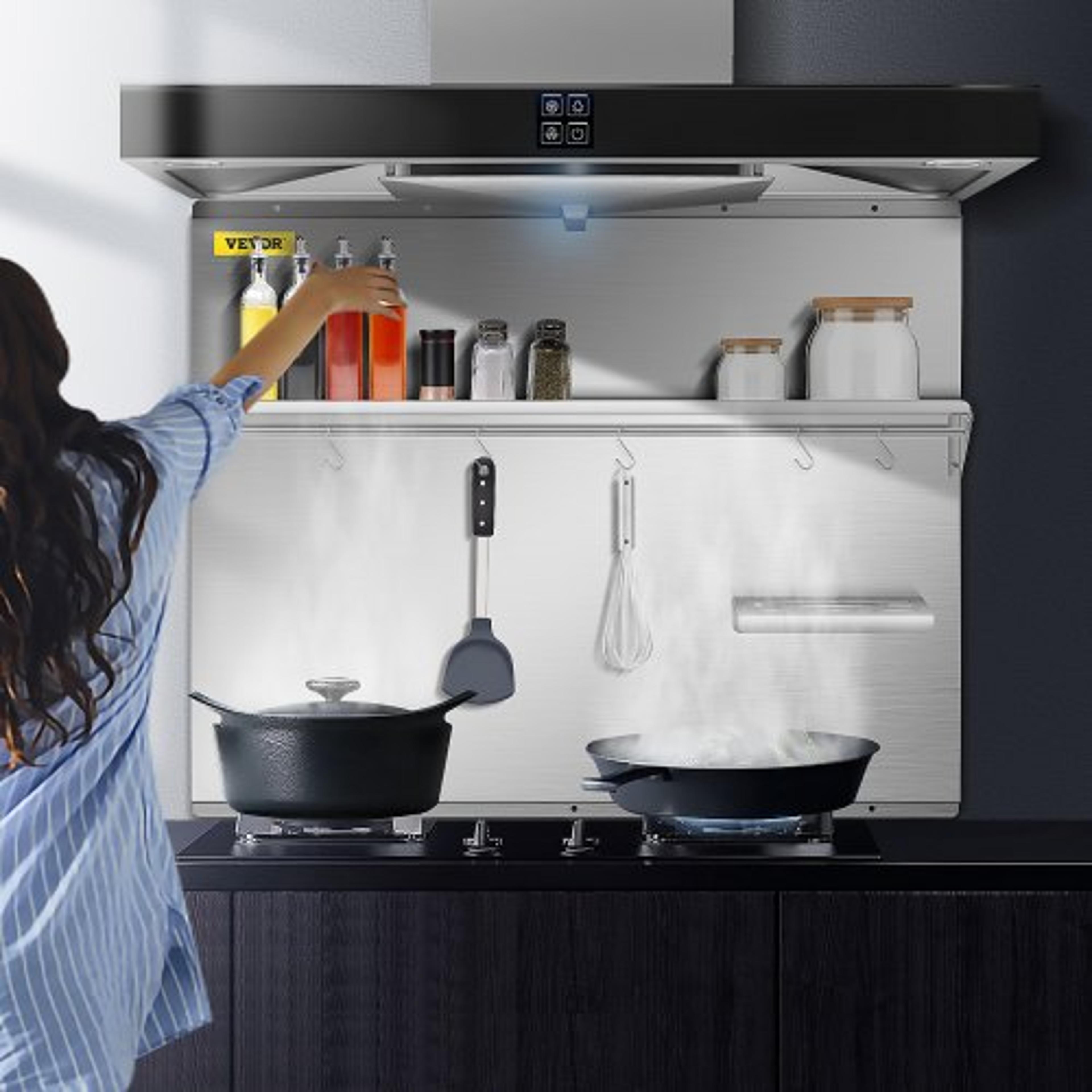 30" x 30.7" stainless steel backsplash for range hood, silver splash plate with built-in storage shelf & hanging rack