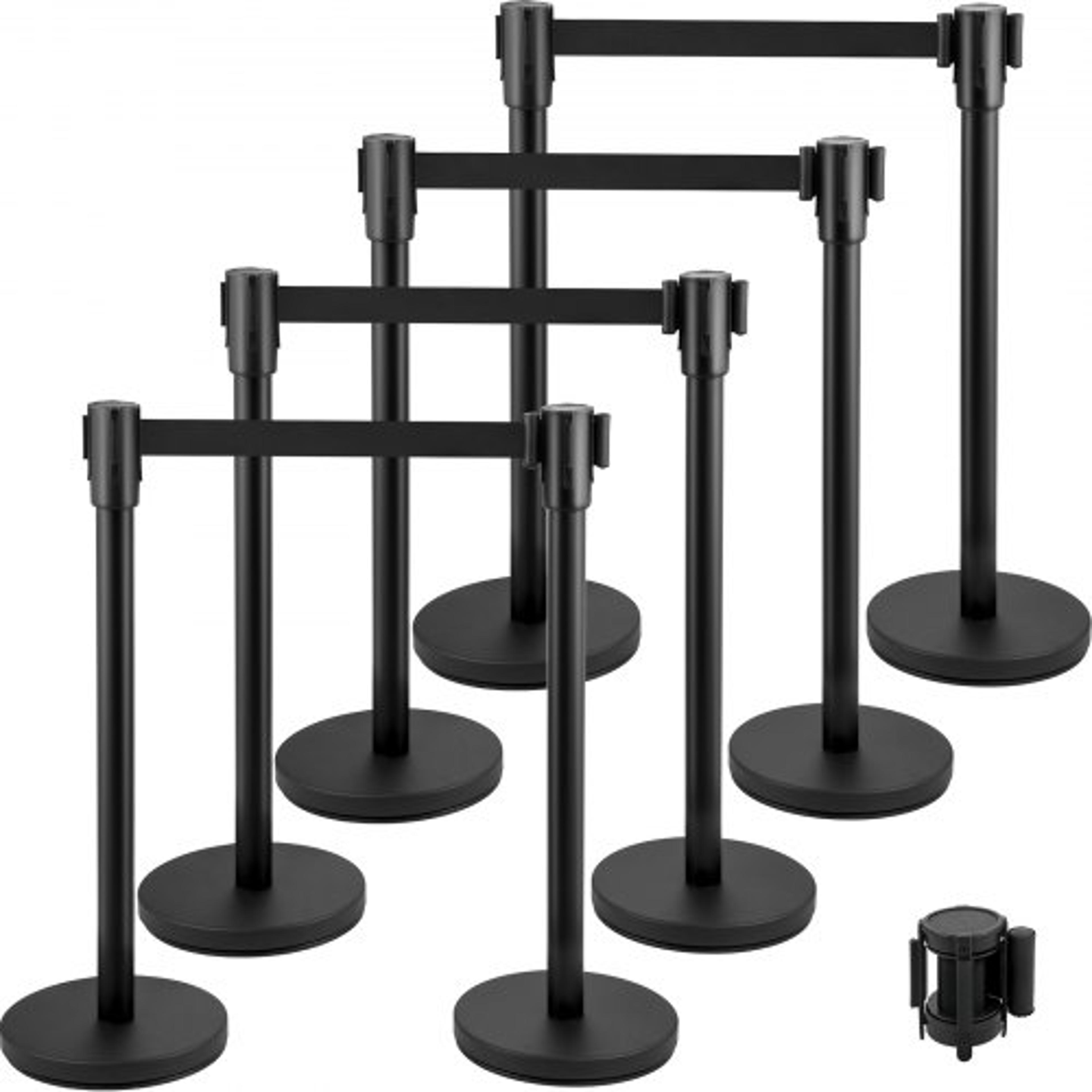 crowd control stanchion, black retractable belt queue barrier, heavy-duty black stanchion posts w/ concrete & metal base