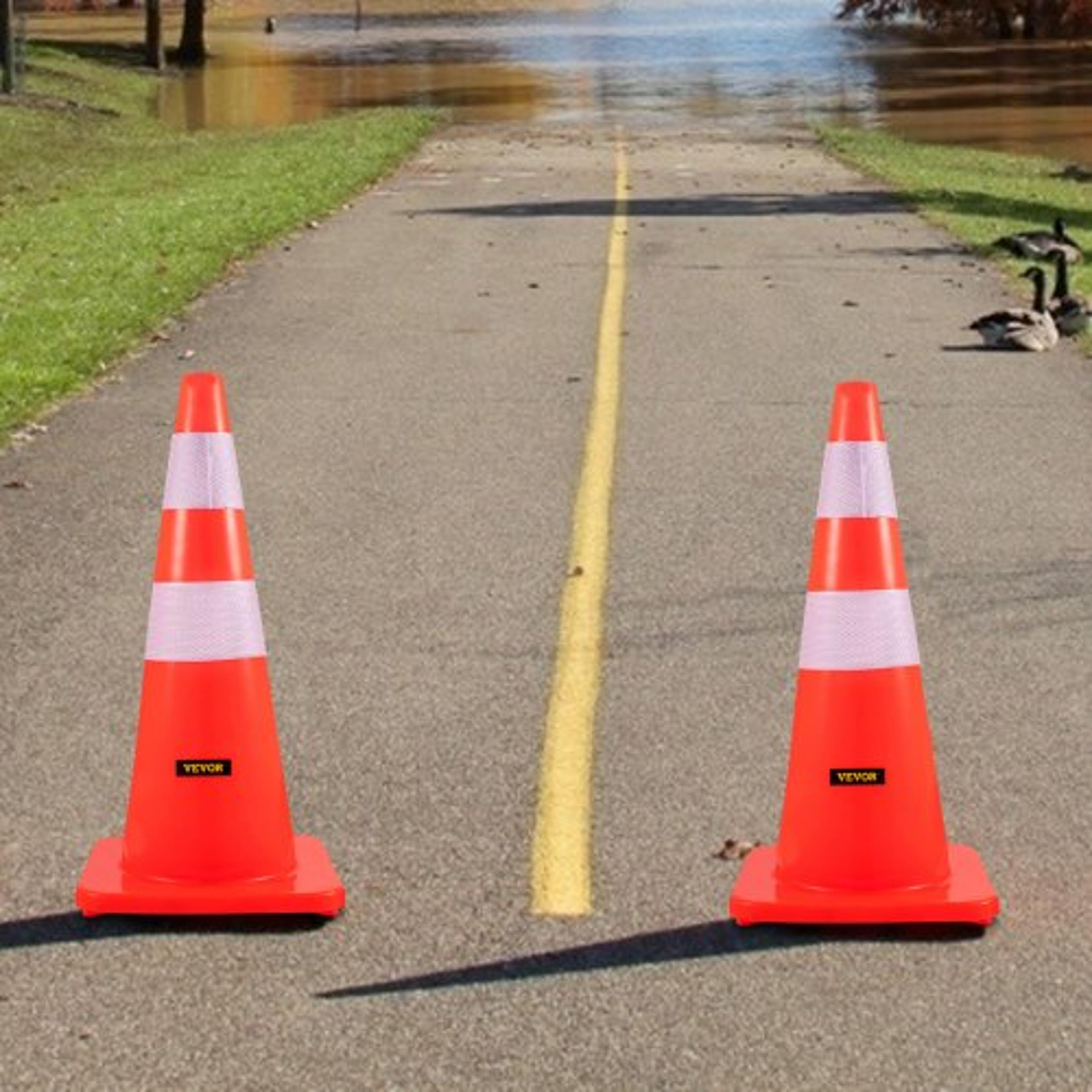 heavy-duty 28" traffic cones (12-pack), high-visibility pvc safety cones with reflective strips for driveway.