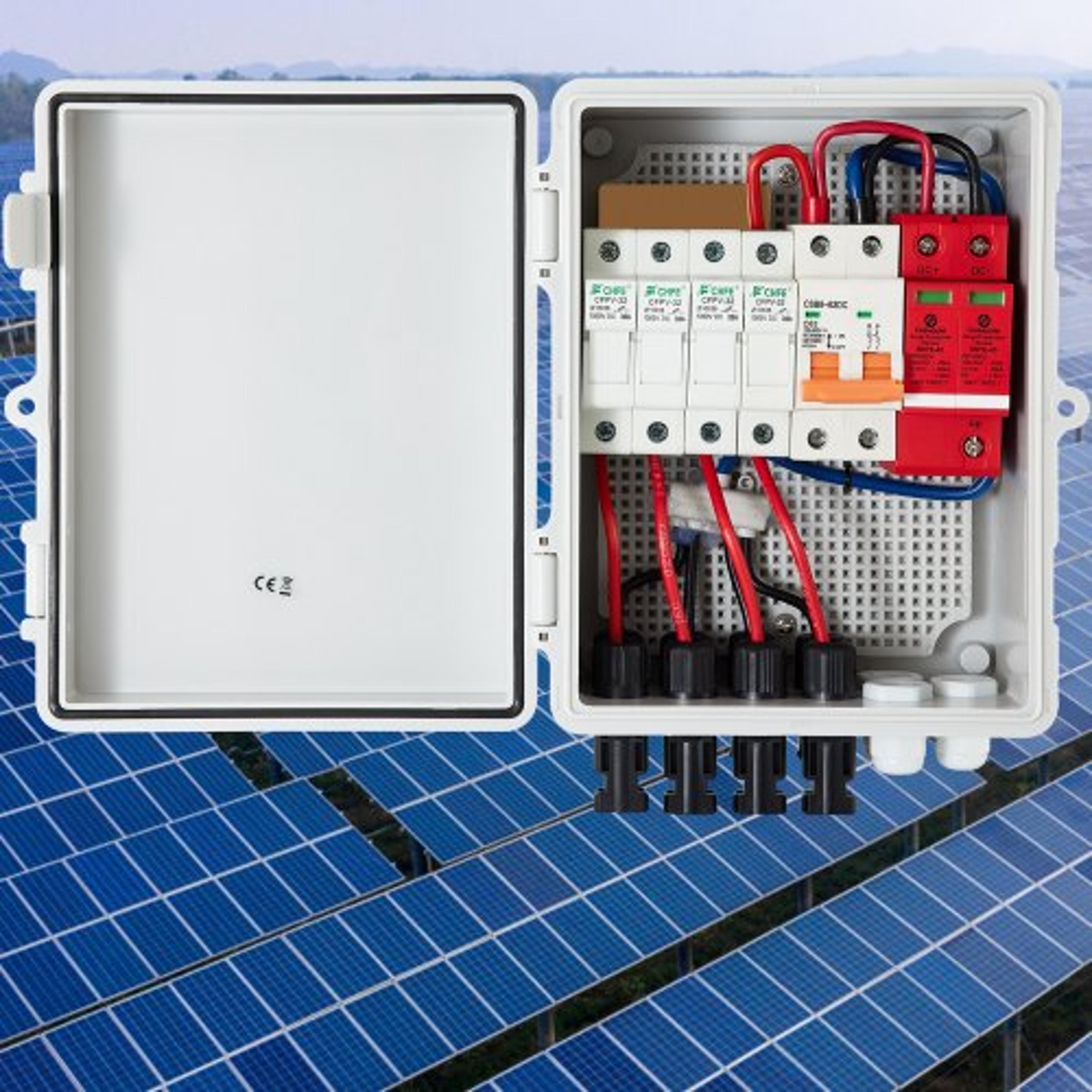 solar pv combiner box, 4 string 15a fuse box with 63a breaker, ip65 waterproof for outdoor solar panel arrays