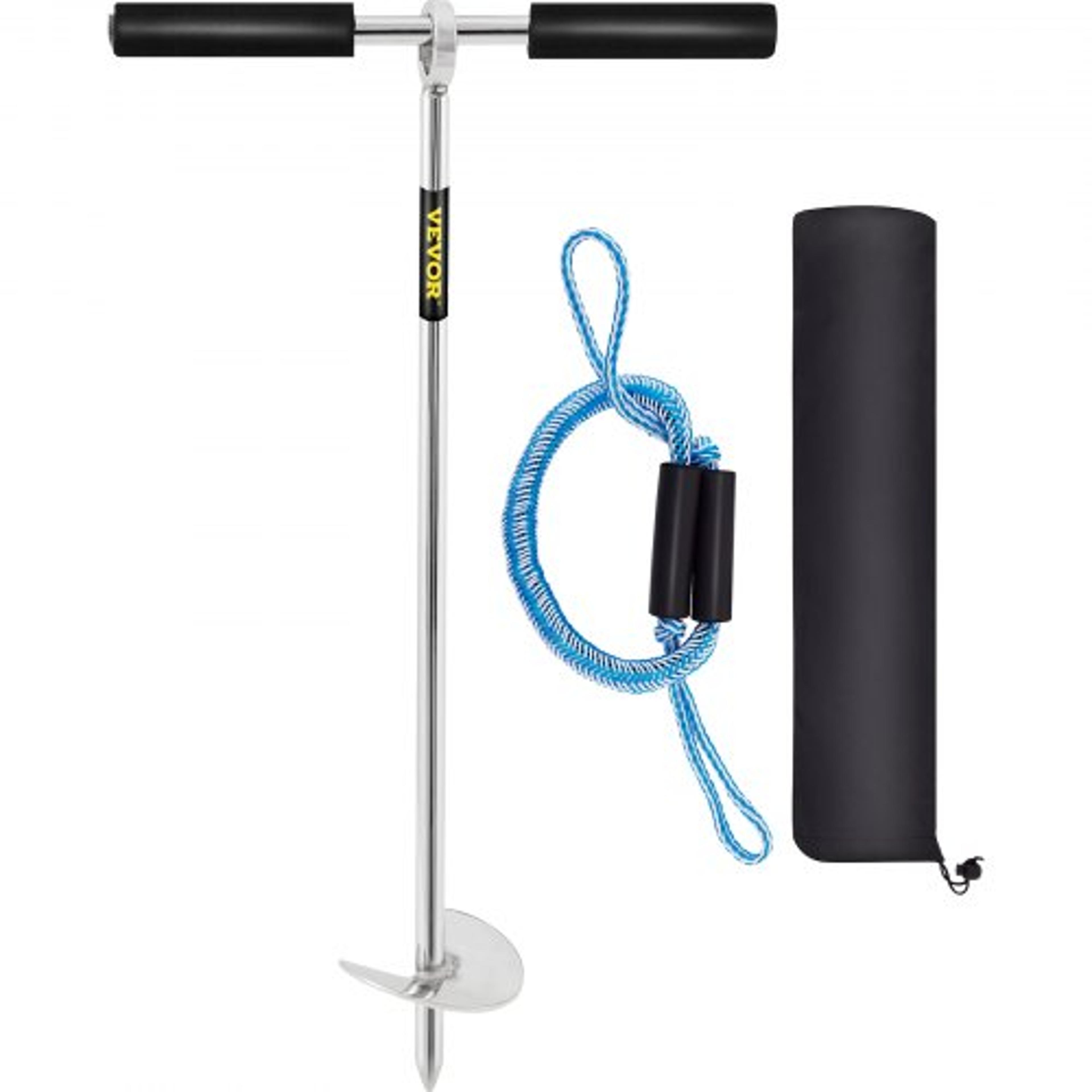 stainless steel sand anchor, auger for beach, sandbar & shallow water, removable handle, bungee line & bag