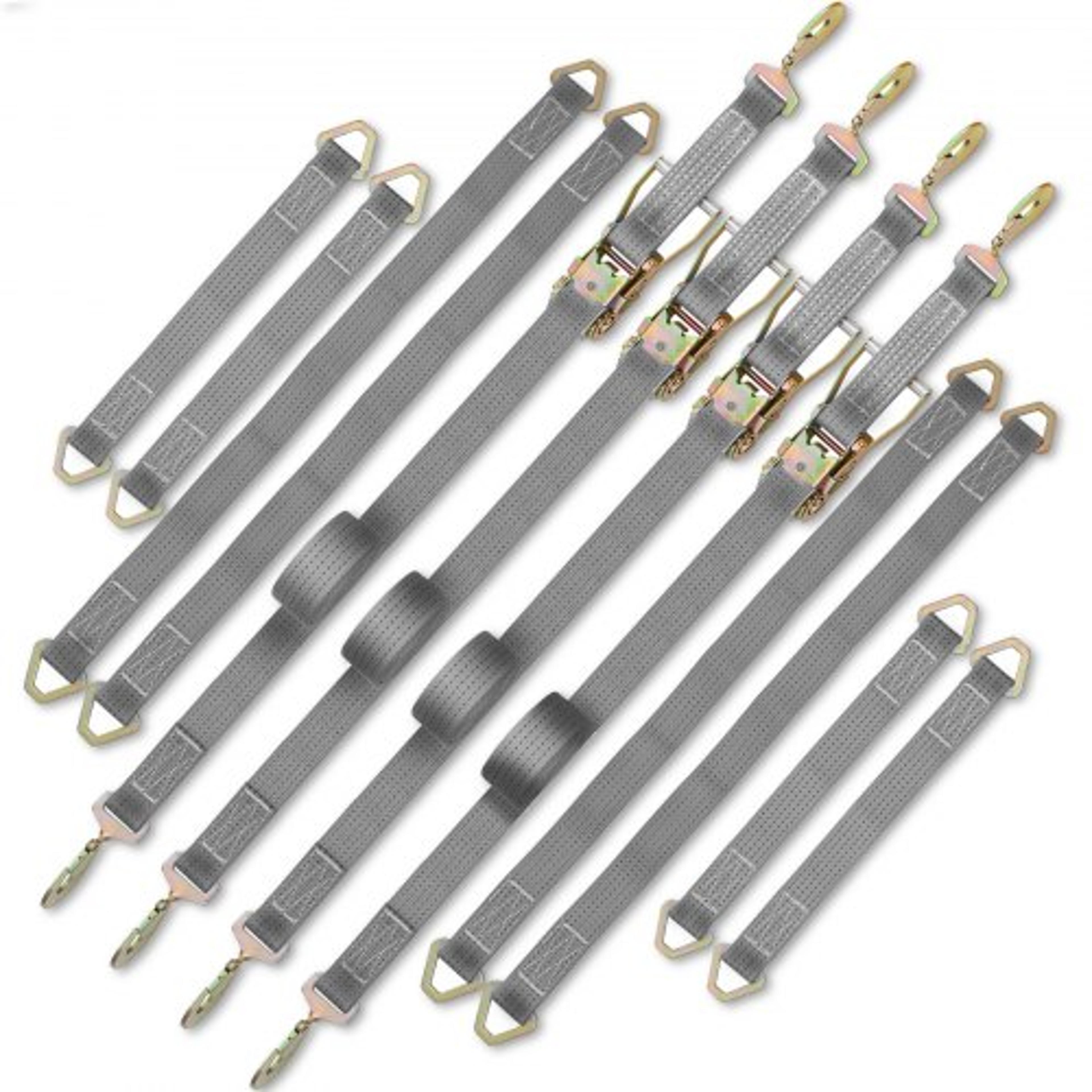 heavy duty ratchet tie down straps, working load with snap hooks & axle straps for moving motorcycles & securing cargo