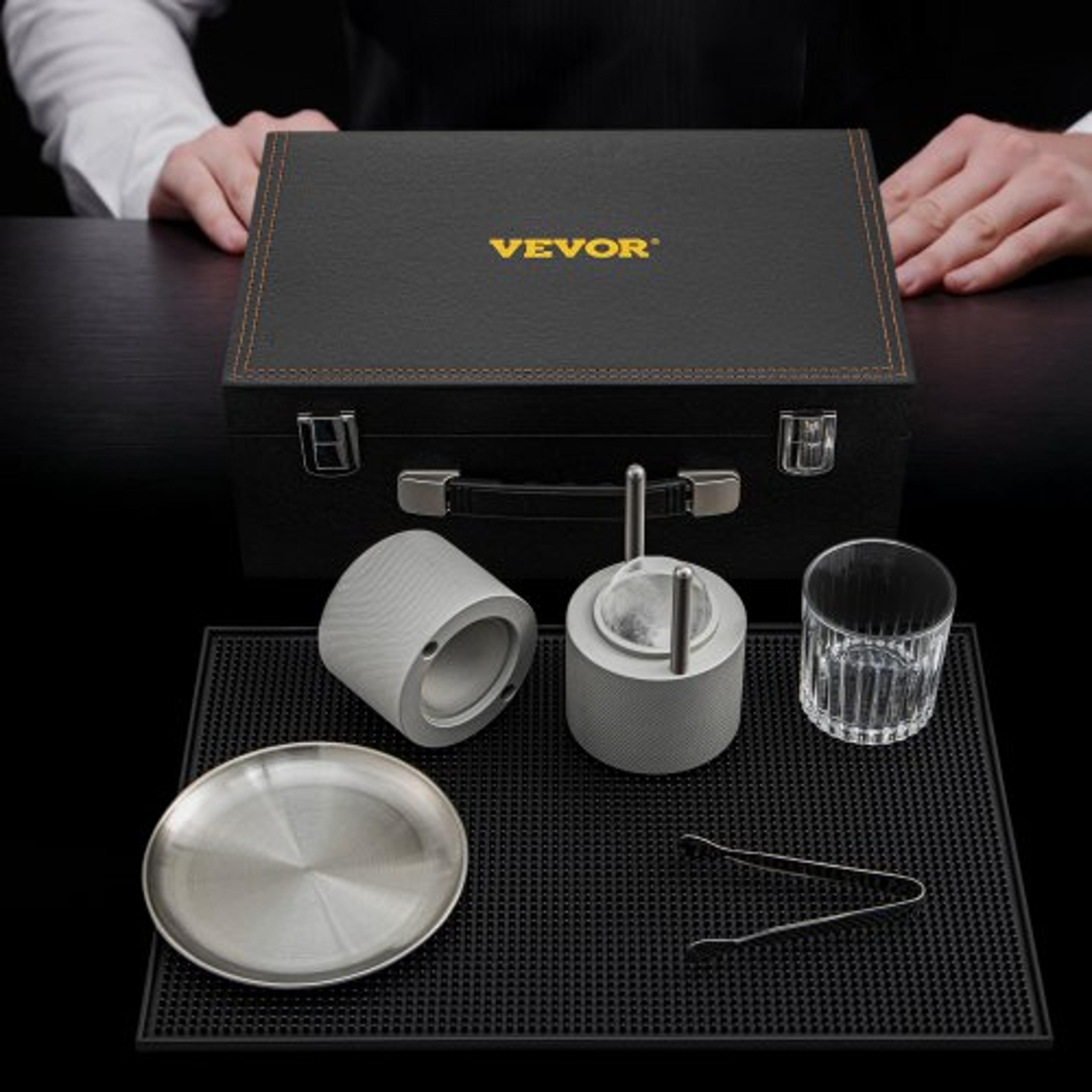 ice ball press kit, anodized 7075 aluminum w/ silicone moulds, large mat, stainless steel tong & two glasses