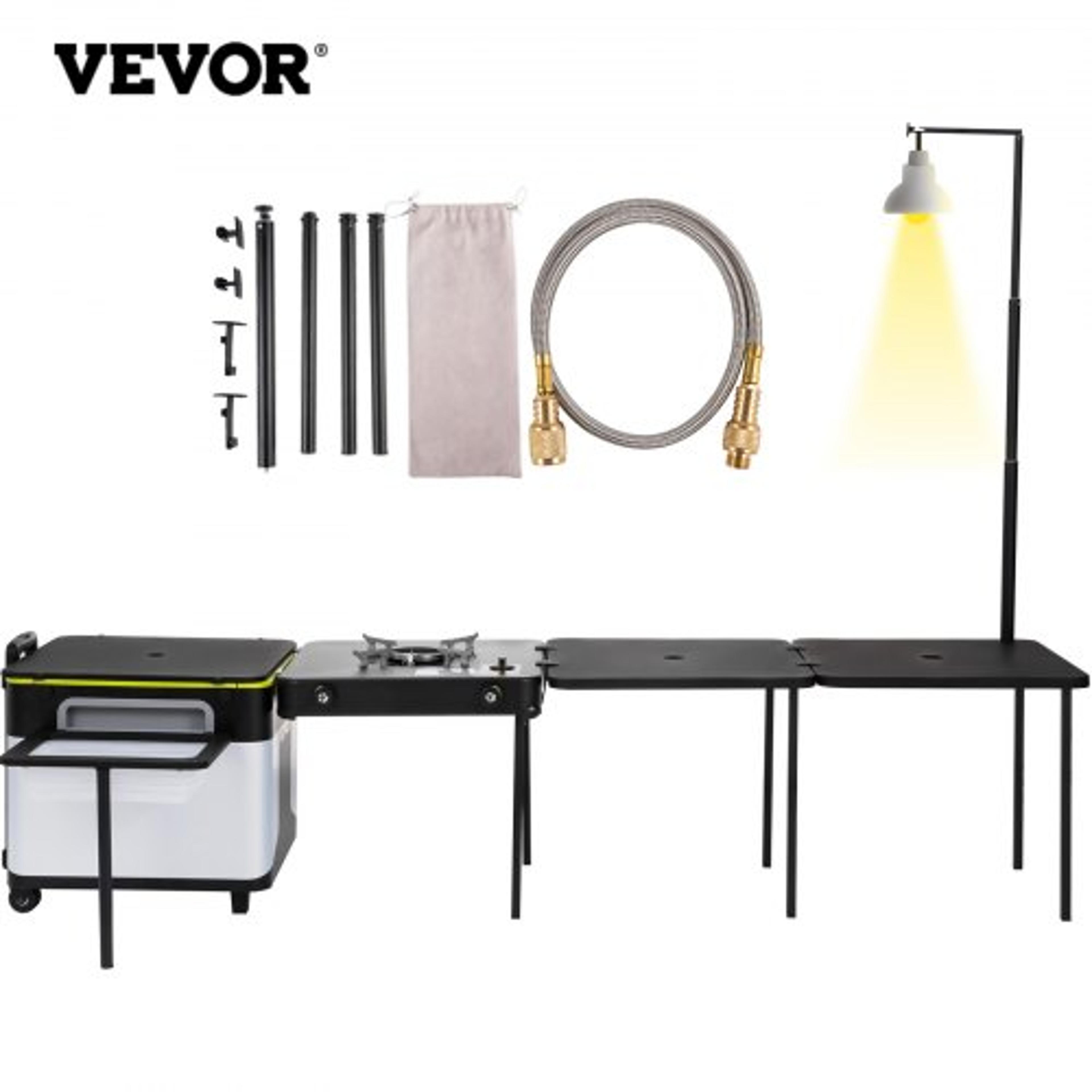 portable outdoor mobile kitchen, all-in-one camp box with wheels, folding tables, storage organizer & windproof stove