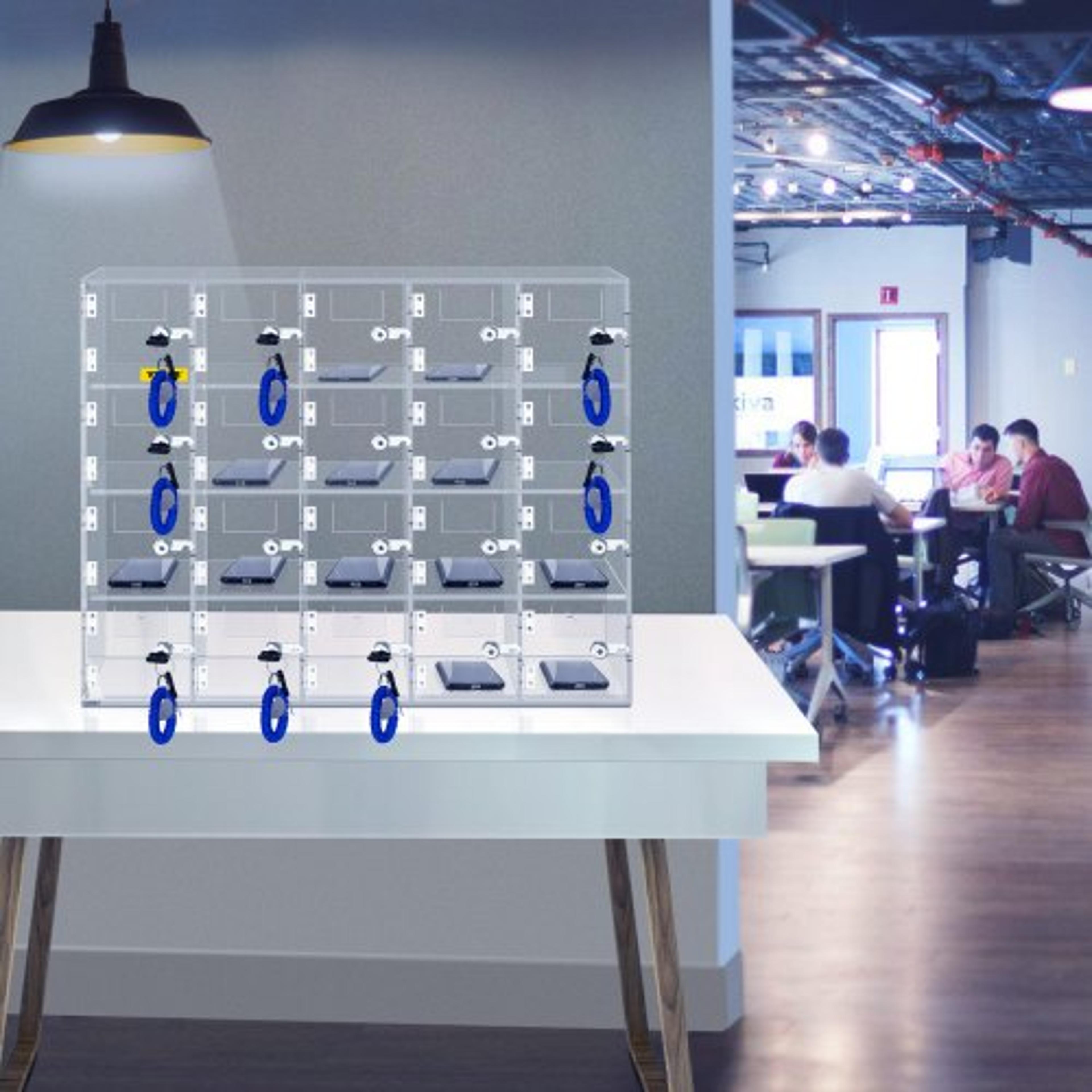 clear acrylic phone storage box, 20-slot lockable cabinet with keys for secure storage in offices, gyms & classrooms