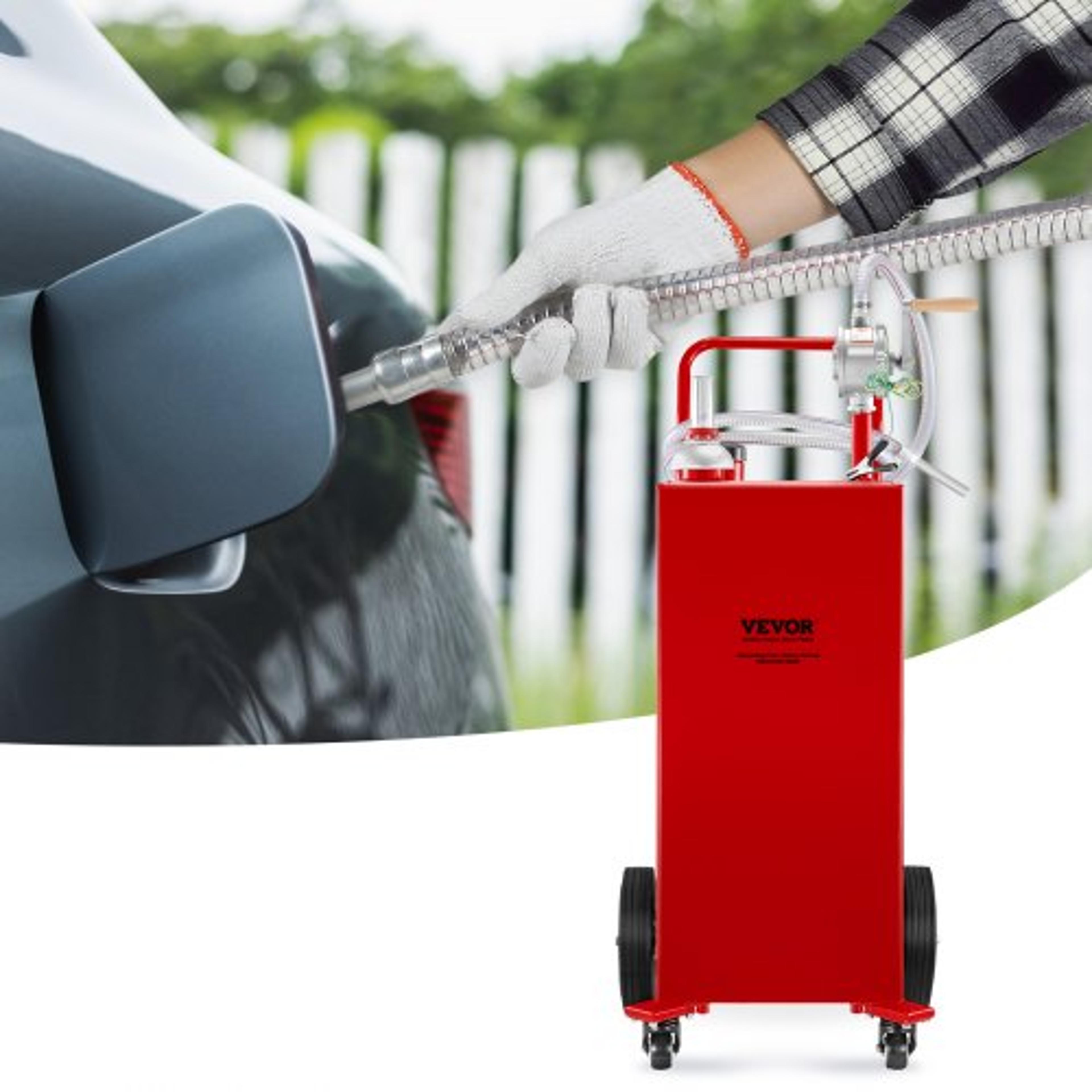 35 gallon fuel storage tank, heavy-duty steel gas caddy w/ manual pump & 4 wheels, transport gasoline