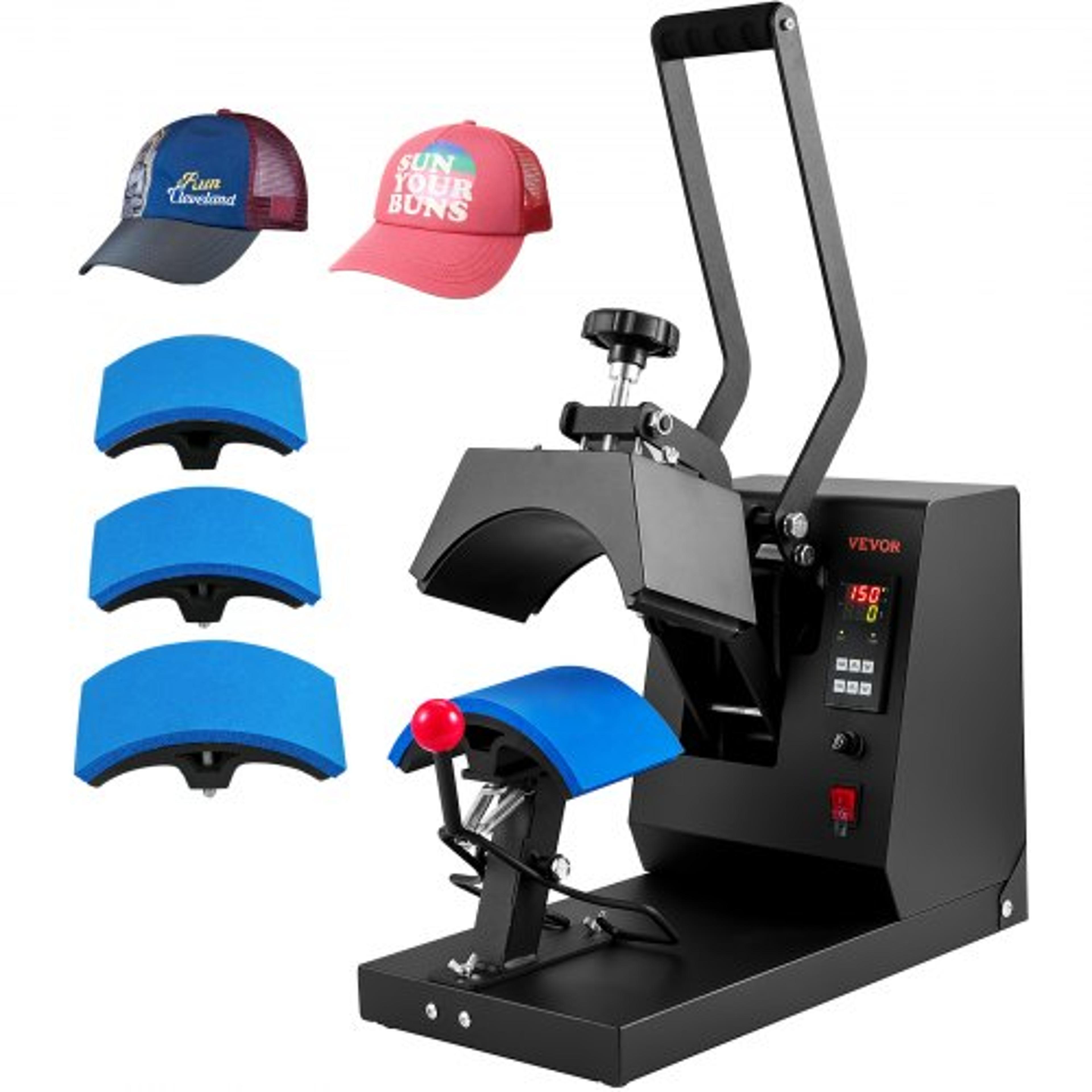 hat heat press machine with heating pads, digital timer, temperature control, and large plate