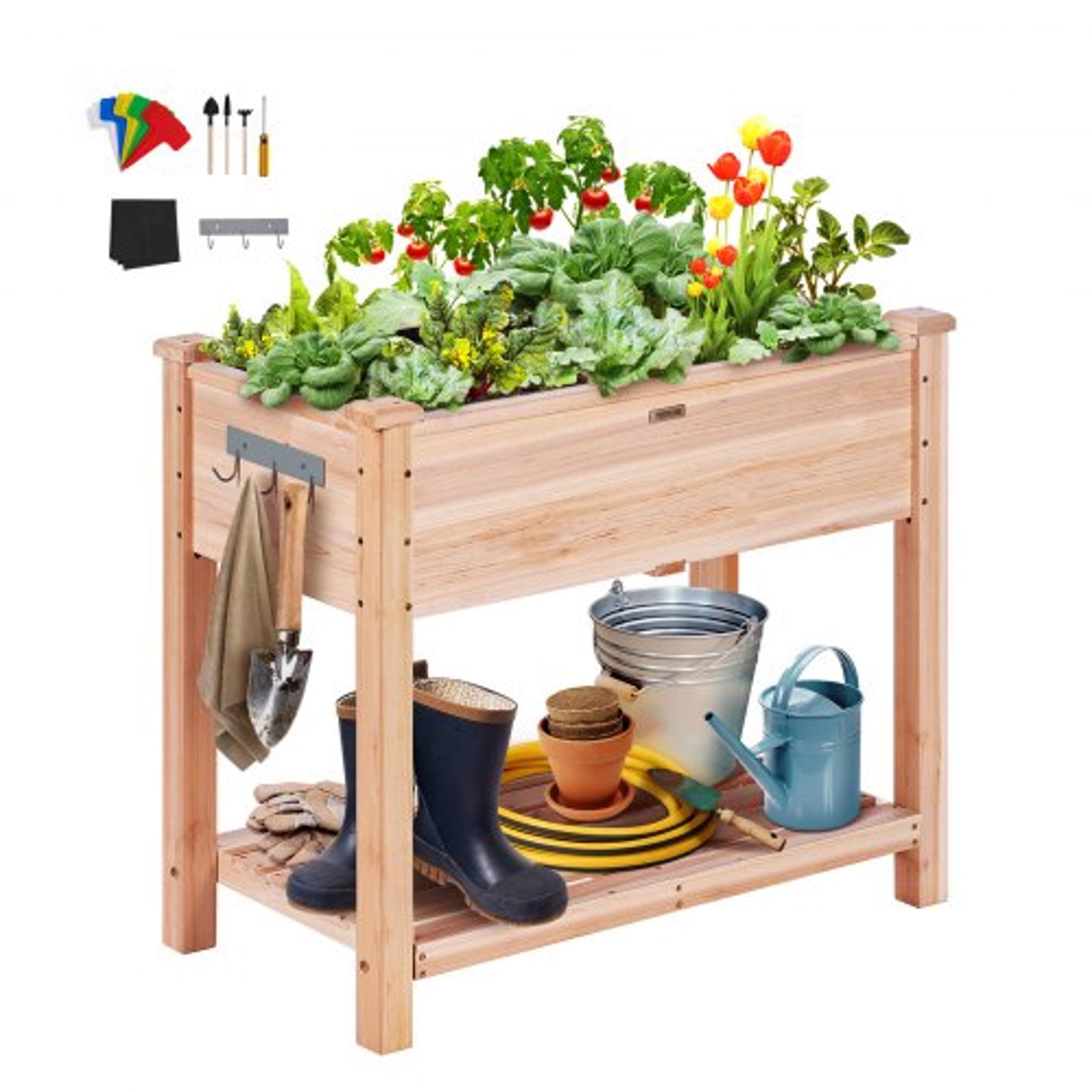 elevated wooden raised garden bed planter box with storage shelf for outdoor gardening