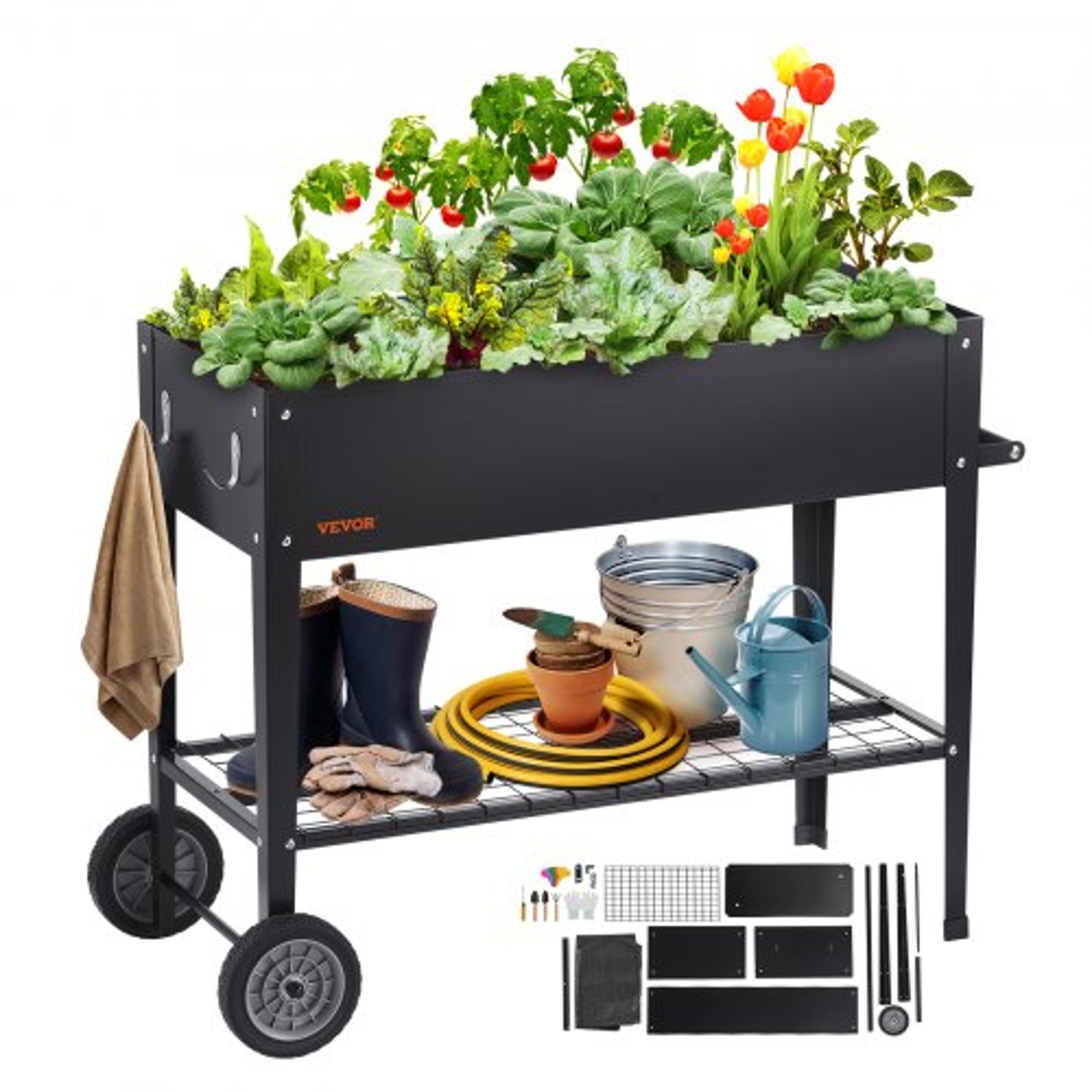elevated raised garden bed with wheels galvanized metal planter box for vegetables, herbs & patio gardening