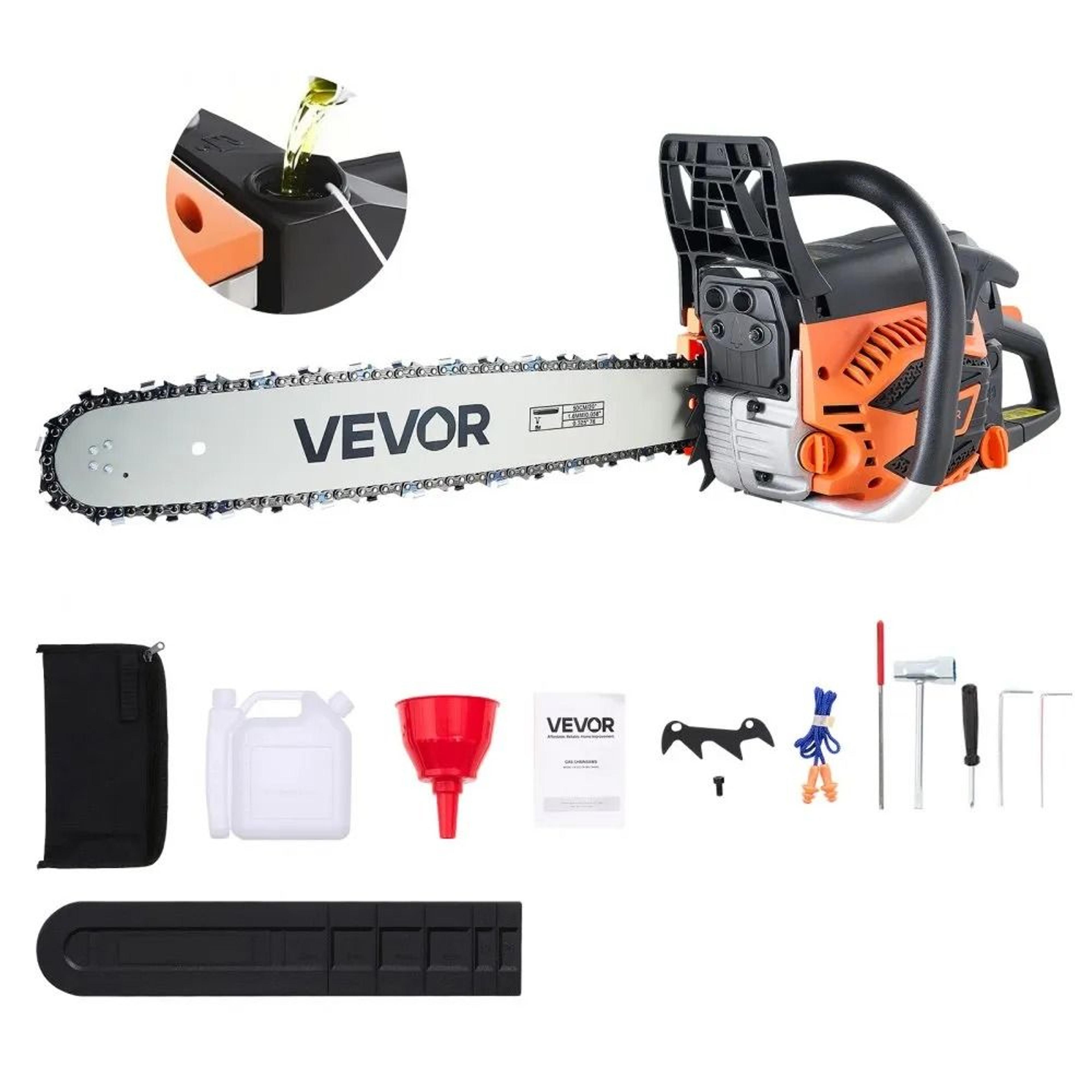 gas powered chainsaw, gas chainsaw, high hp power chain saw, non-slip handle, dual fuel tanks, for wood cutting