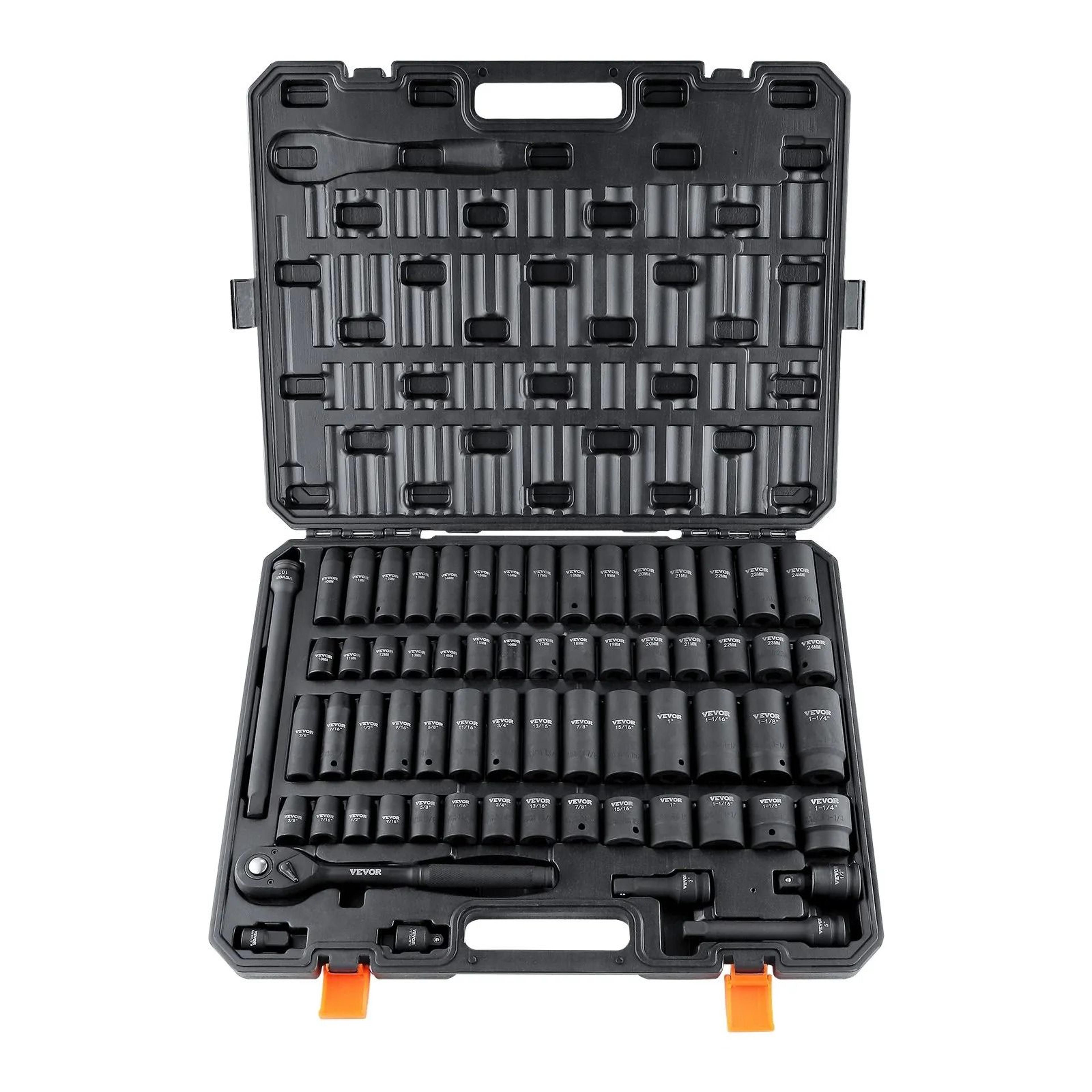socket set sae and metric, drive impact socket set, cr-v alloy steel, rugged construction, storage case