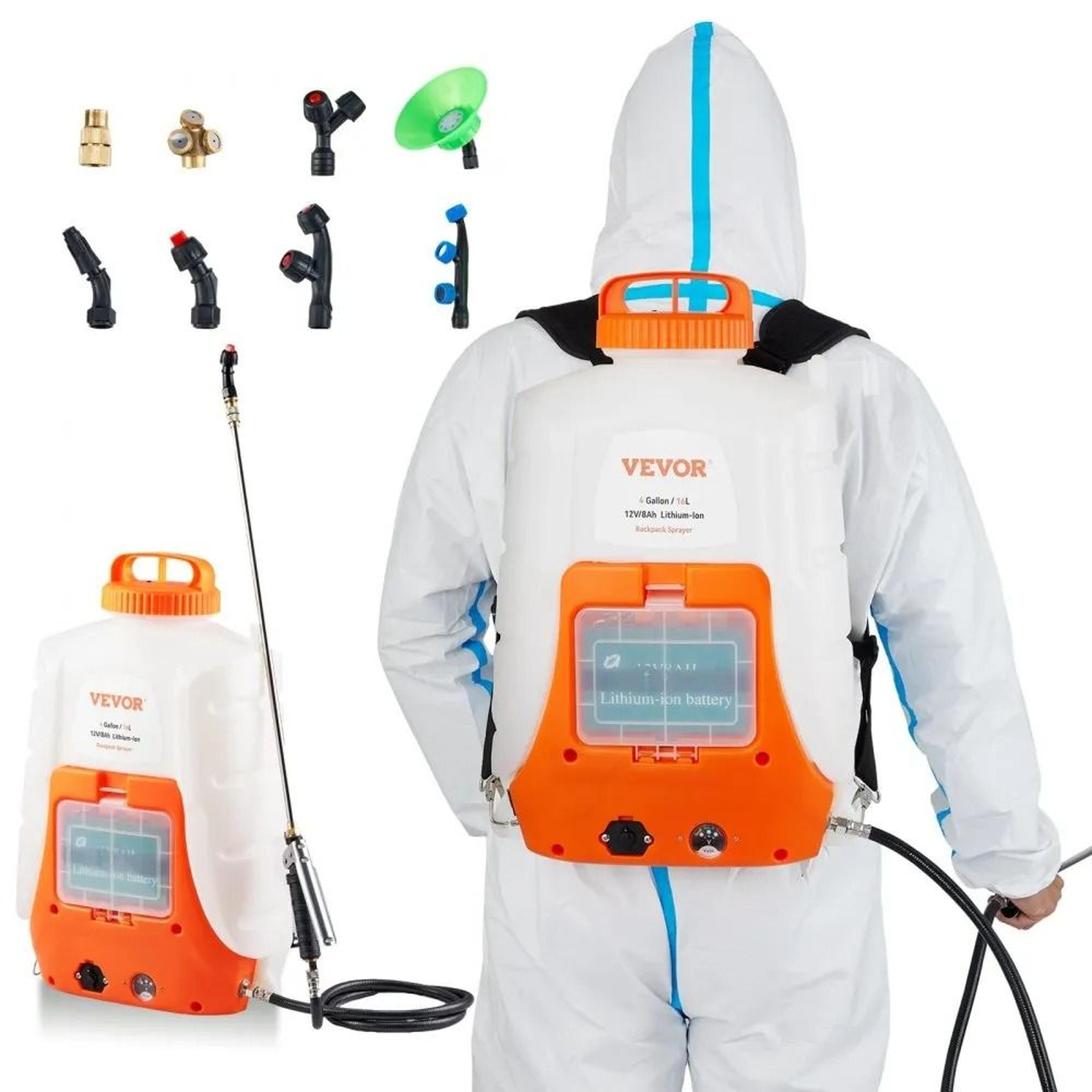 battery powered sprayer, adjustable pressure, battery, backpack sprayer with nozzles and wands