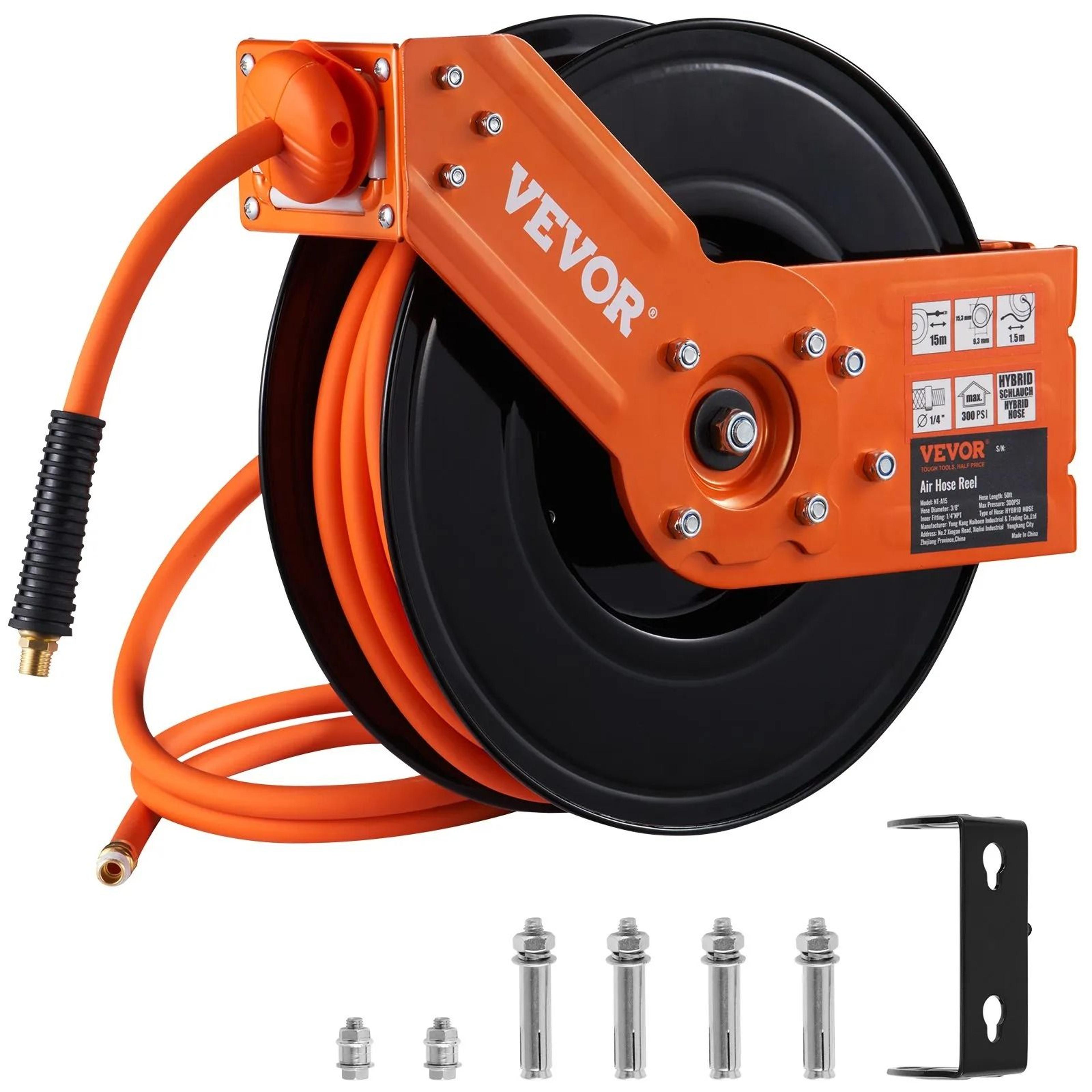 hybrid air hose reel, retractable air compressor hose, wall ceiling mount heavy duty double arm steel reel