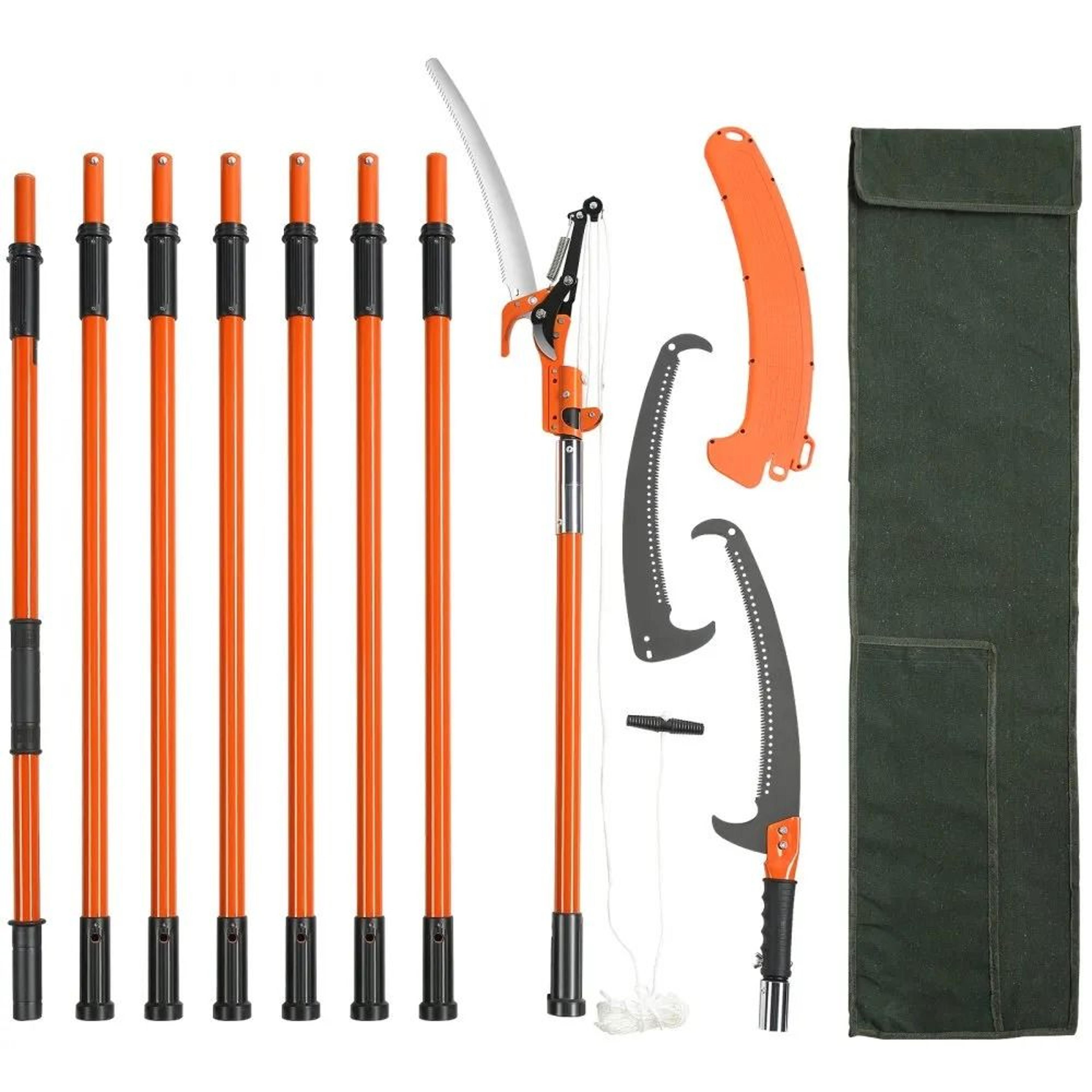 extendable tree pruner, manual pole saw, sharp steel blade and scissors for pruning palms and shrubs