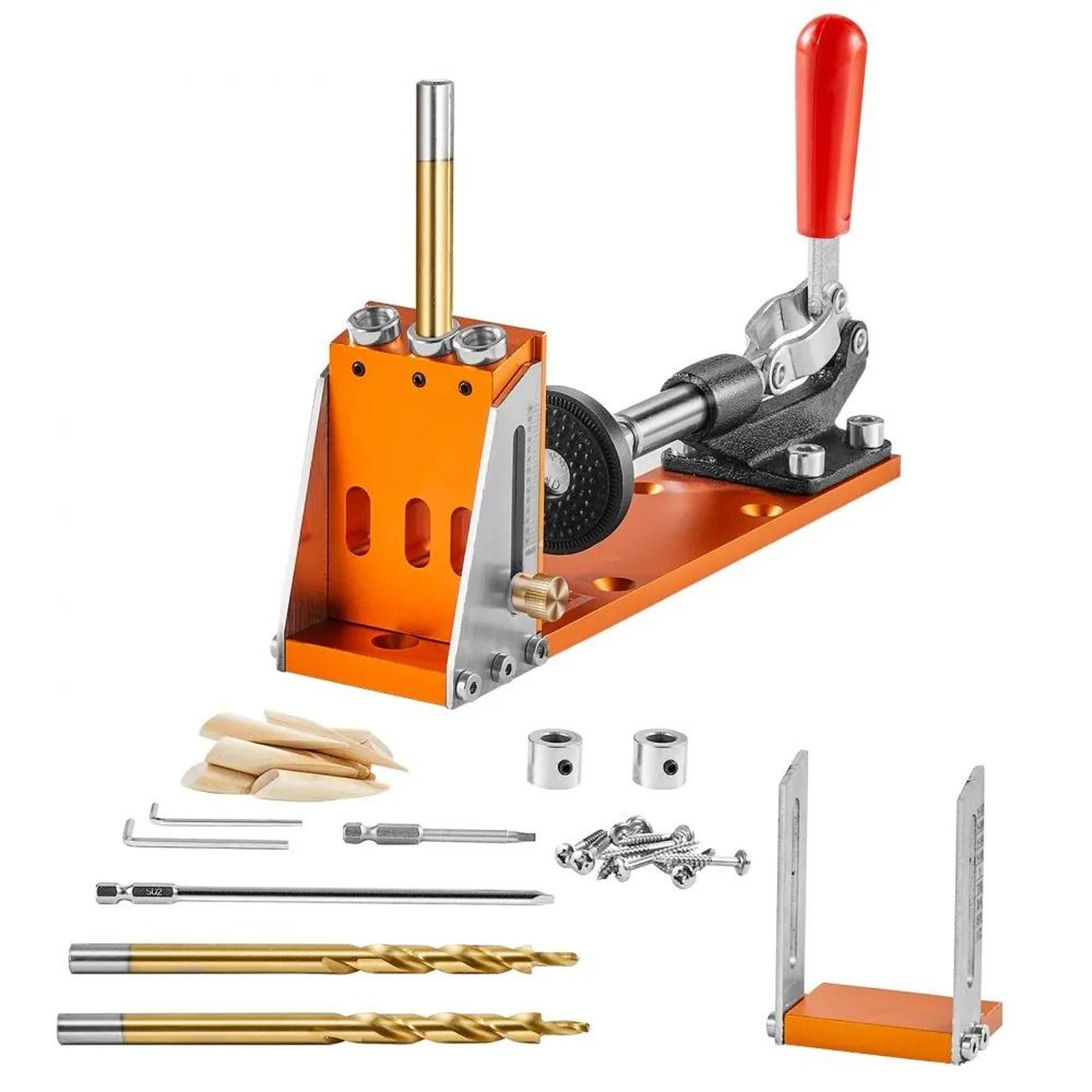adjustable pocket hole jig system, diy carpentry kit with step drills, dual scale marks, drill stop rings, wrench