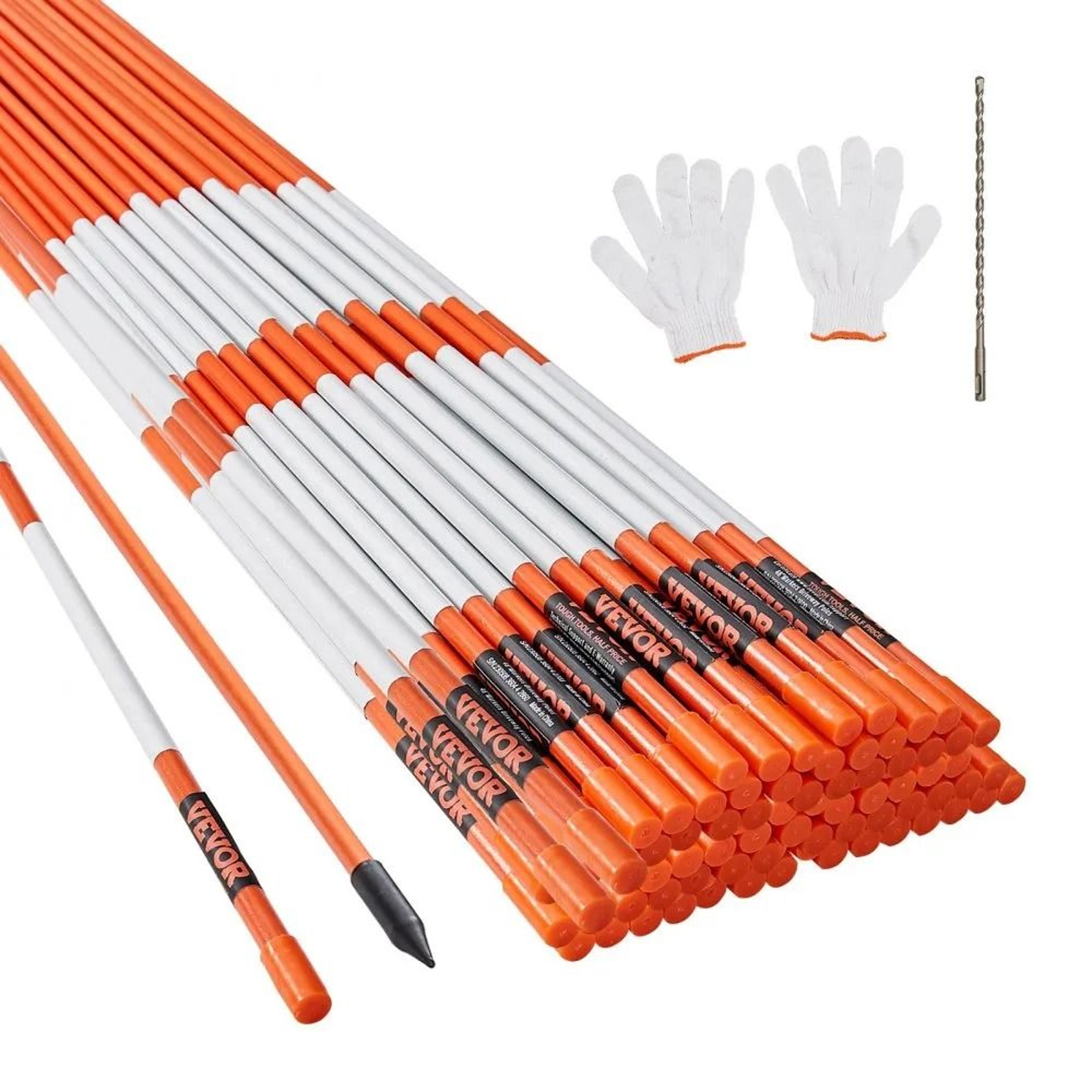 orange fiberglass driveway markers, snow stakes with reflective tape, steel drill bit, gloves for walkways and parking
