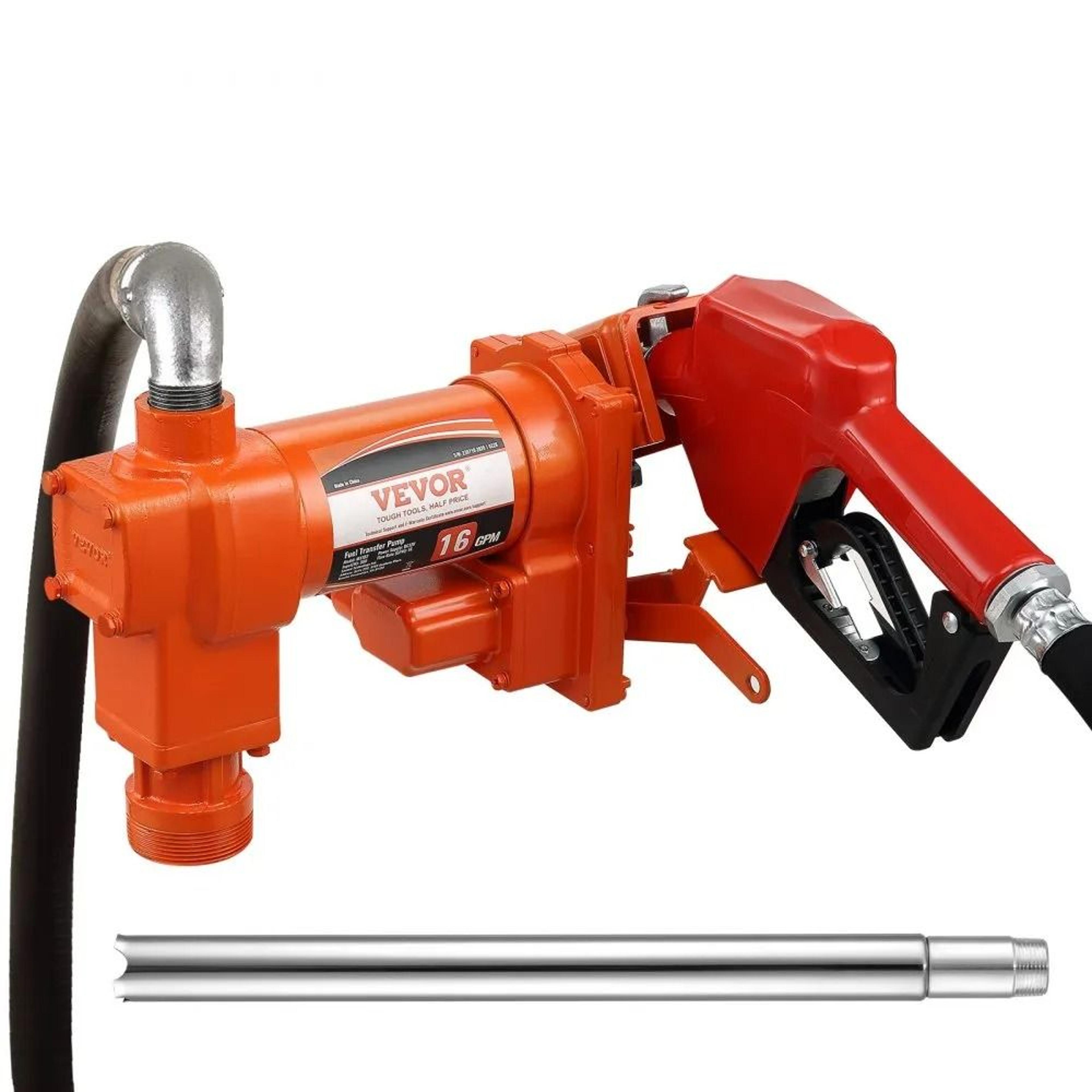 fuel transfer pump, diesel and gasoline extractor pump with automatic shut-off nozzle, discharge hose, and suction pipe